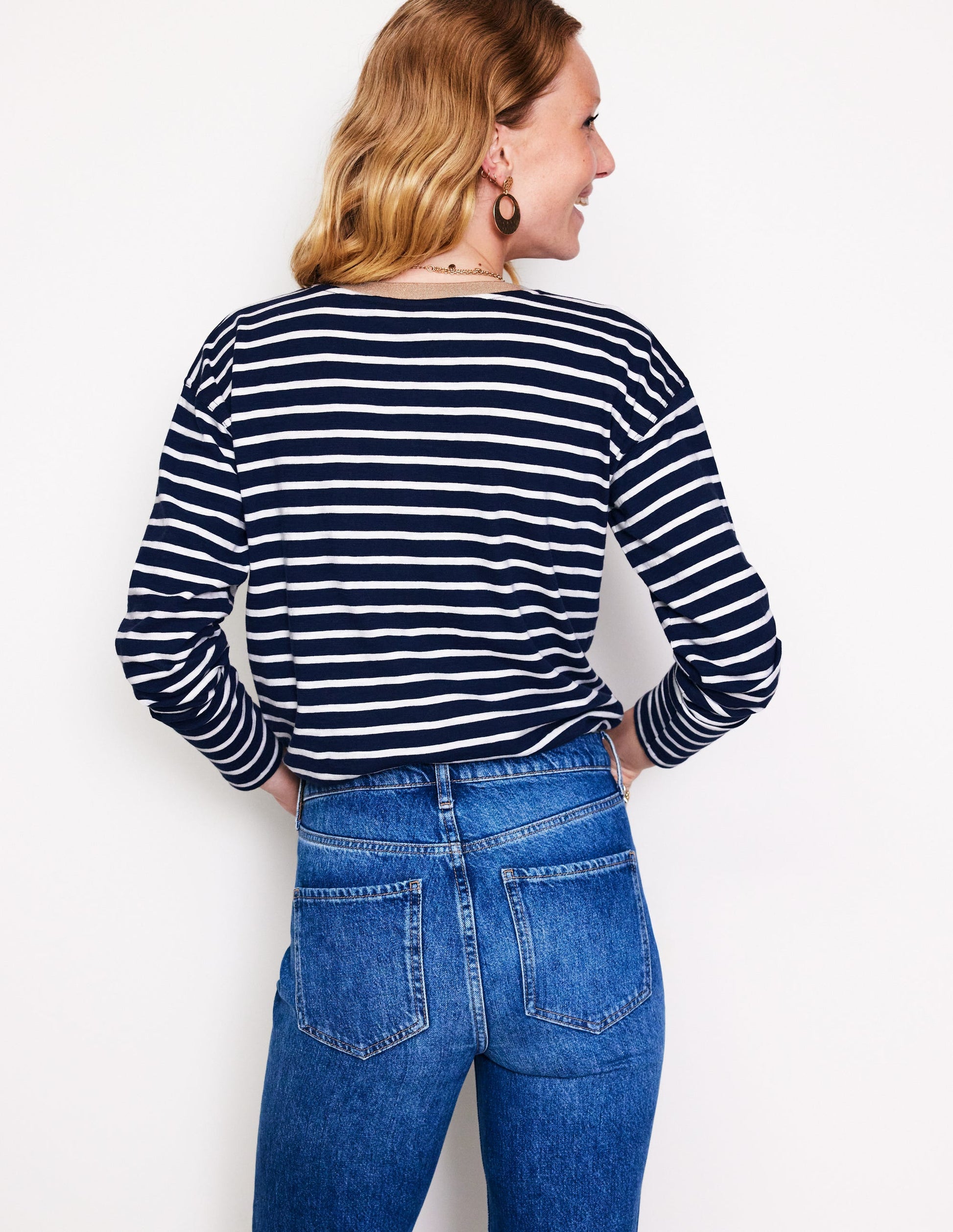 Metallic Trim Henley Top-Navy, Ivory Stripe-3