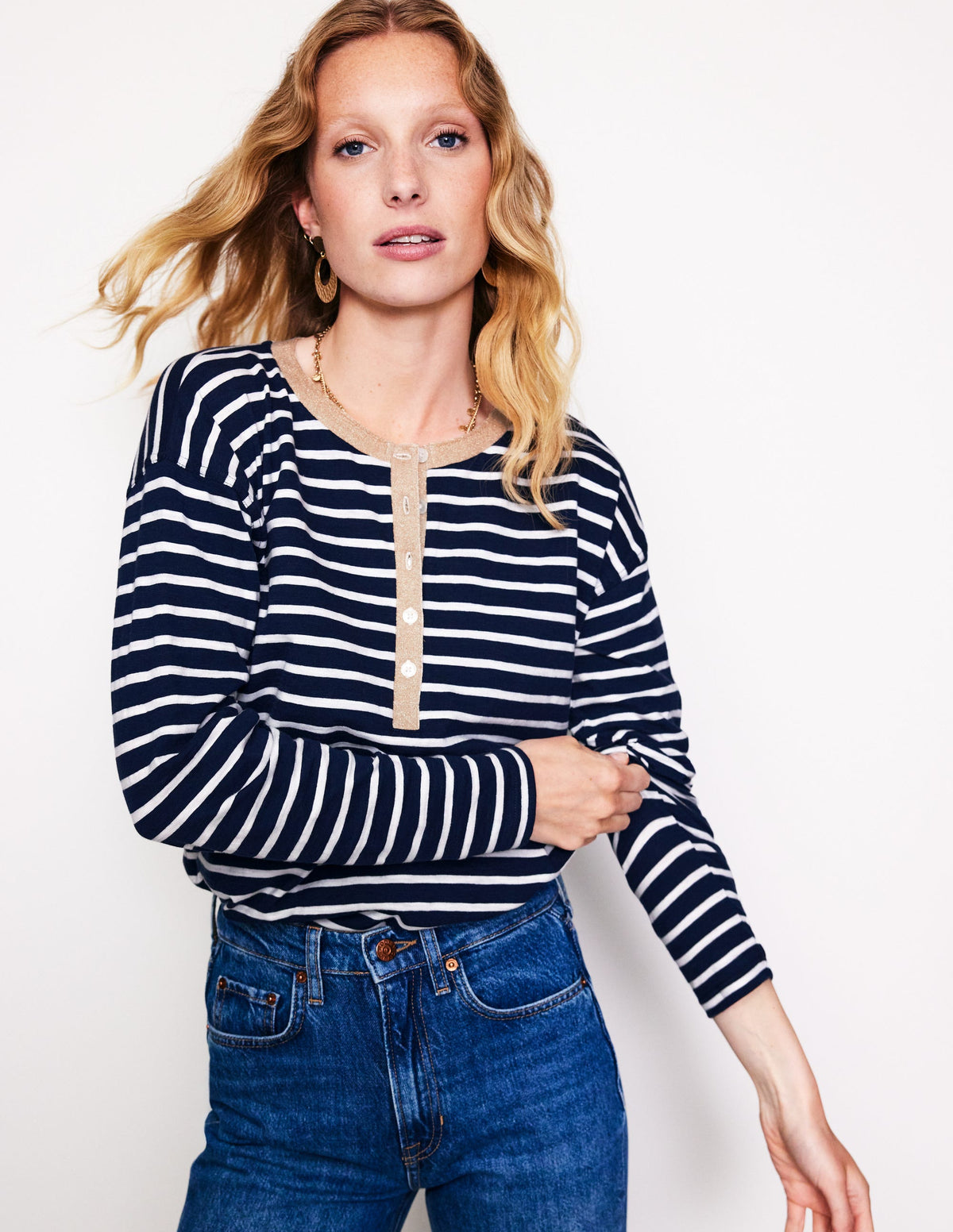 Metallic Trim Henley Top-Navy, Ivory Stripe-4