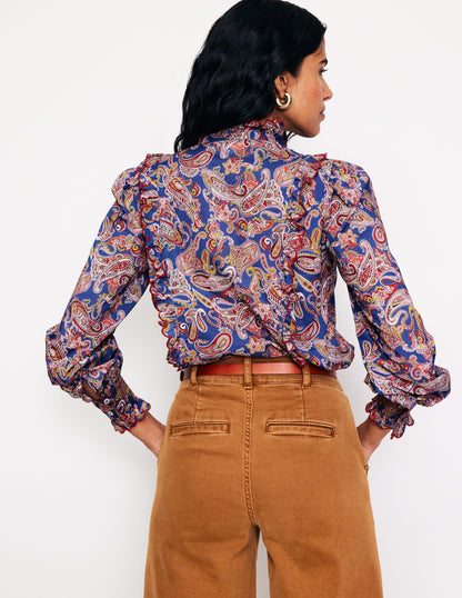 Ruffled Cotton Blouse-True Navy, Opulet Paisley