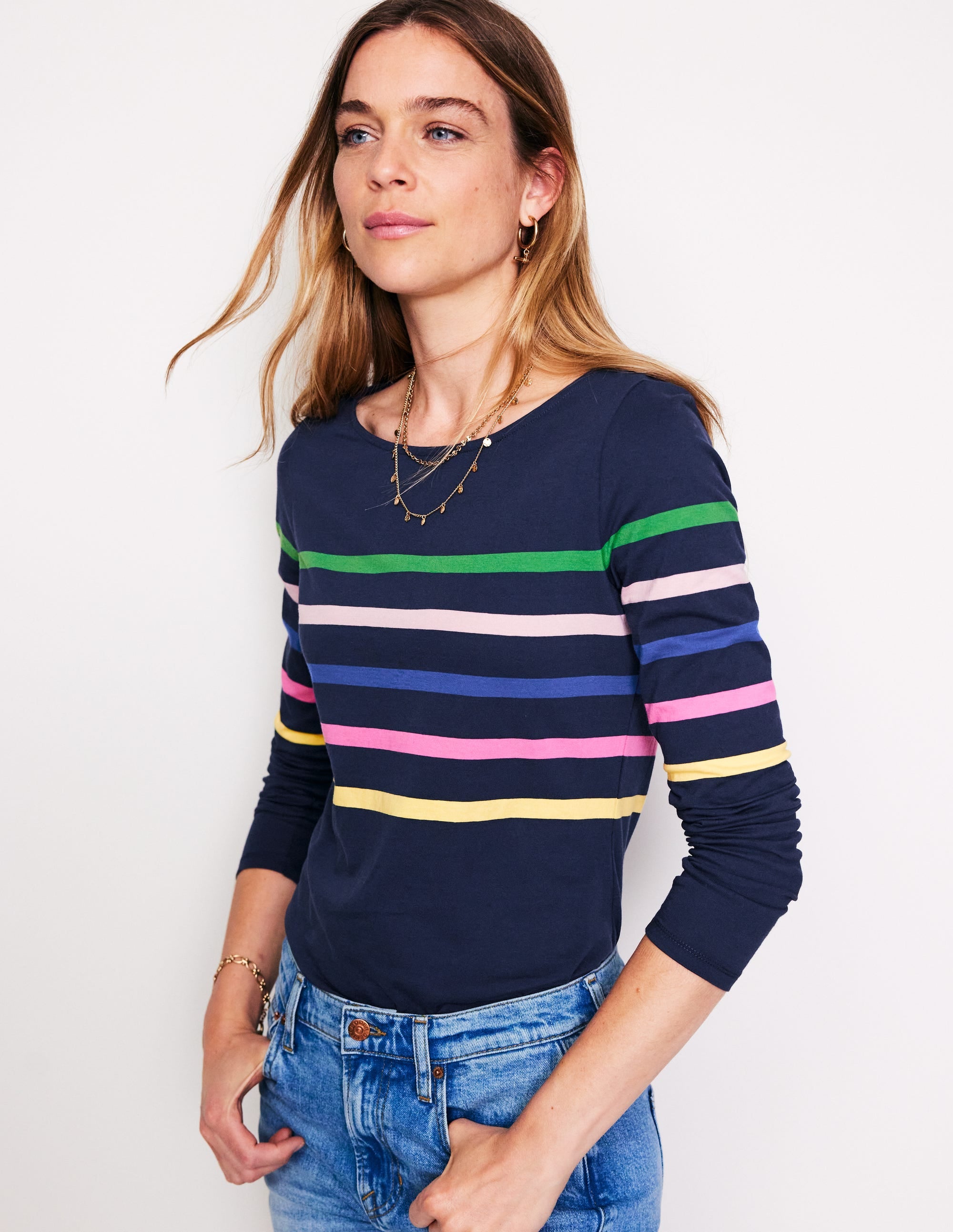 Ella Long Sleeve Breton-French Navy and Rainbow - Image 1