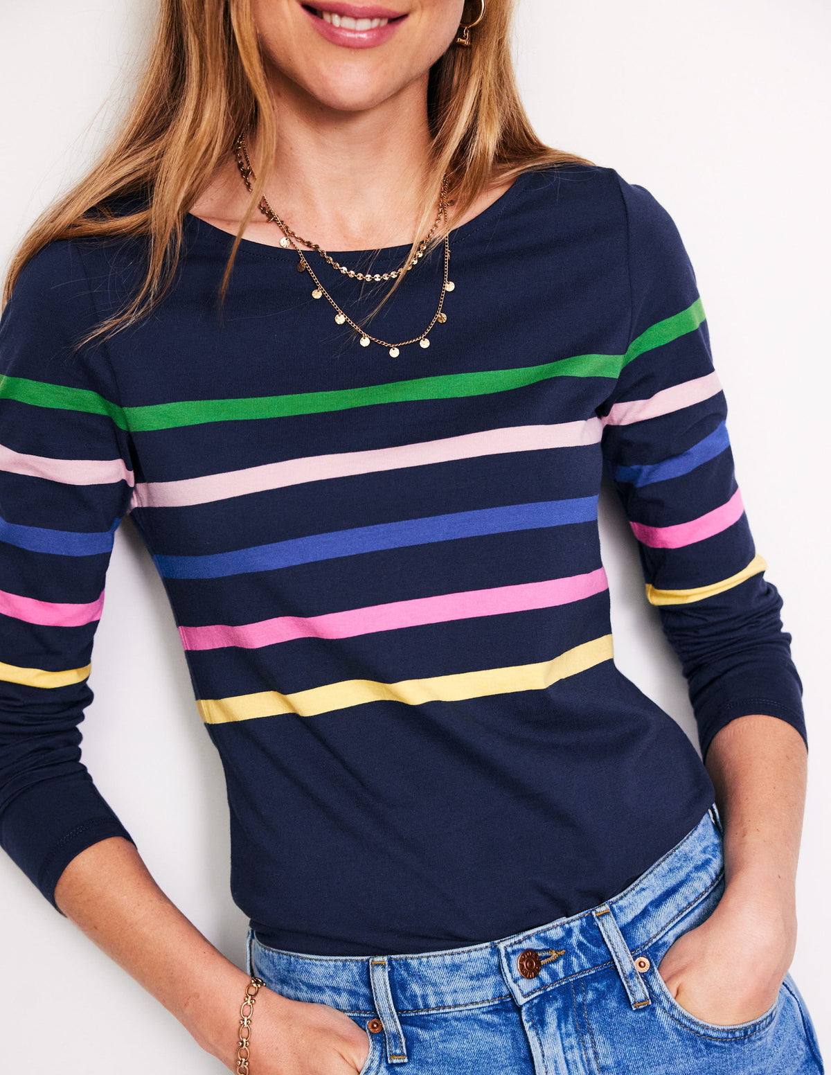 Ella Long Sleeve Breton-French Navy and Rainbow - Image 2