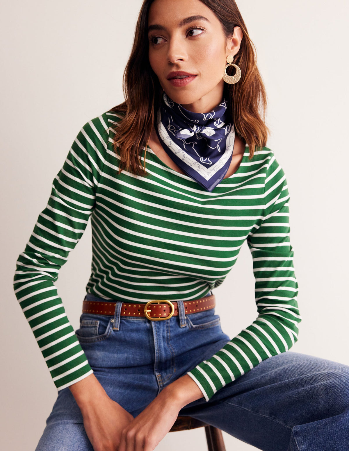 Ella Long Sleeve Breton-Pine, Ivory Stripe - Image 1