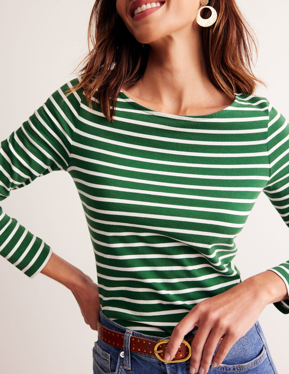 Ella Long Sleeve Breton-Pine, Ivory Stripe - Image 2