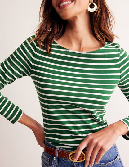 Ella Long Sleeve Breton-Pine, Ivory Stripe