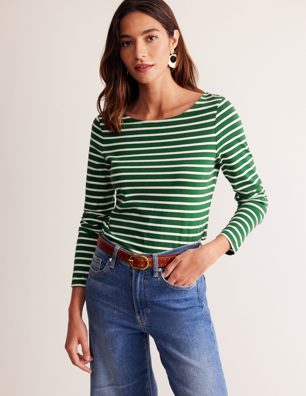Ella Long Sleeve Breton-Pine, Ivory Stripe - Image 4