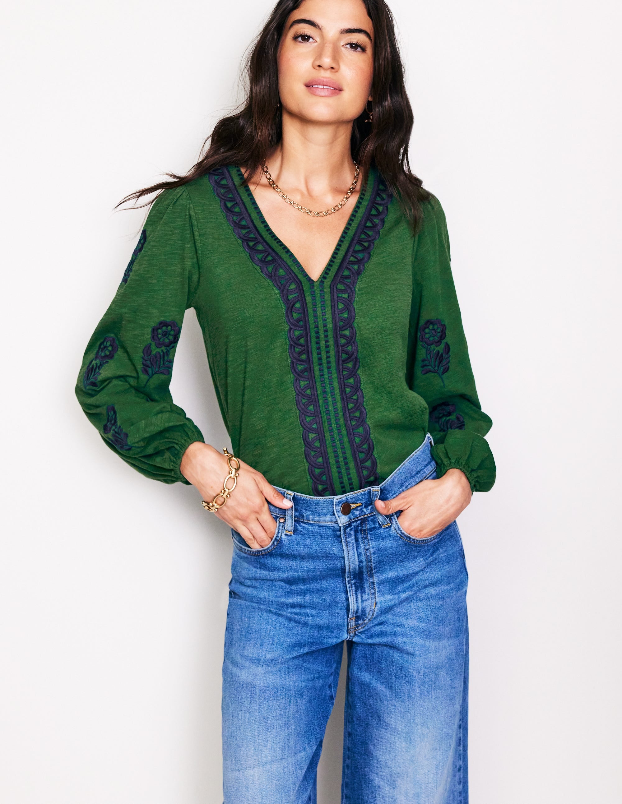 Embroidered V-Neck Top-Eden - Image 1