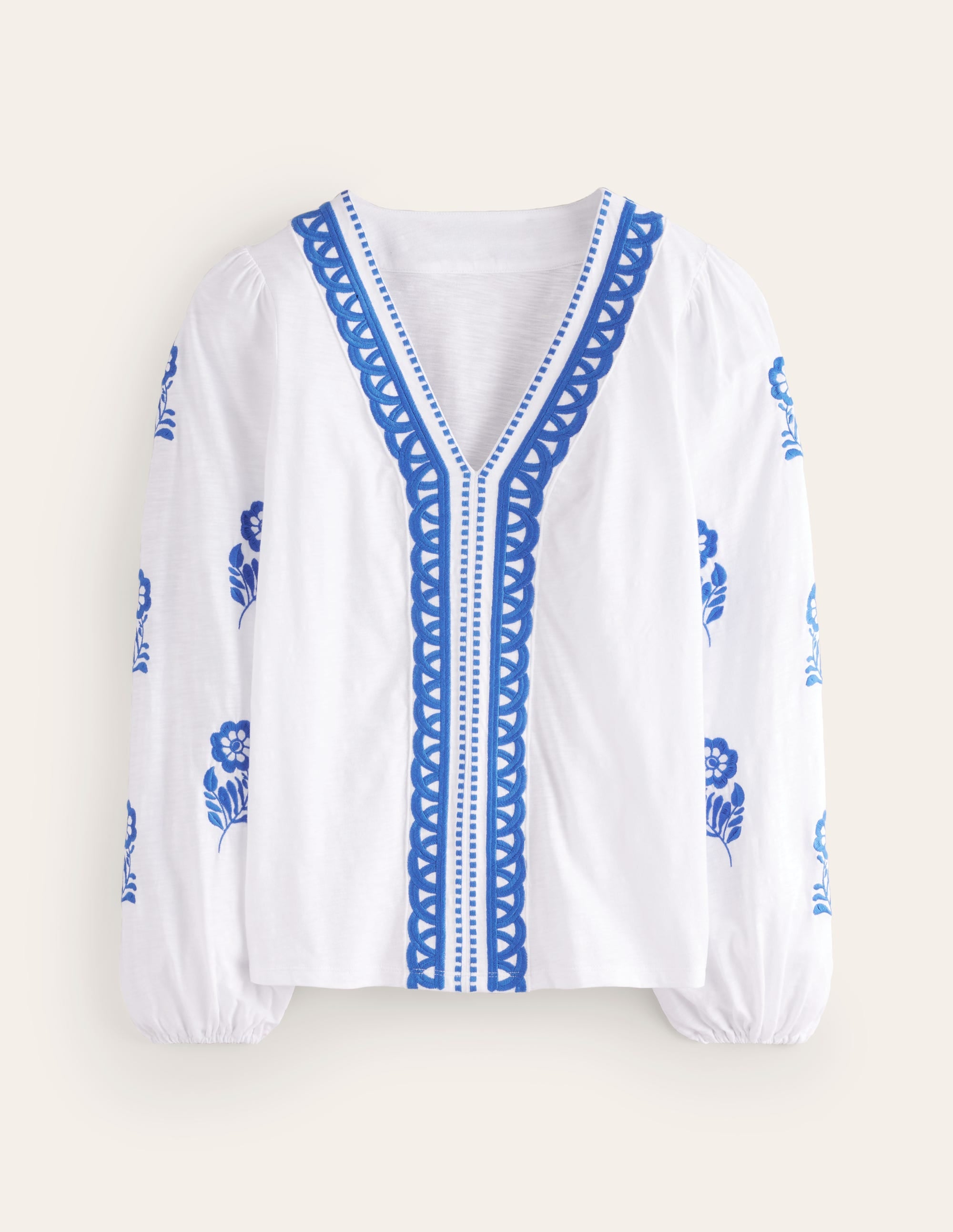 Embroidered V-Neck Top-White, Kingfisher Blue - Image 5