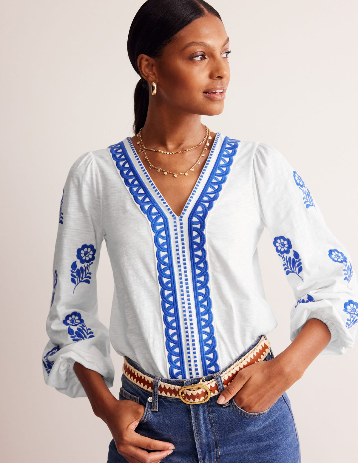 Embroidered V-Neck Top-White, Kingfisher Blue - Image 1