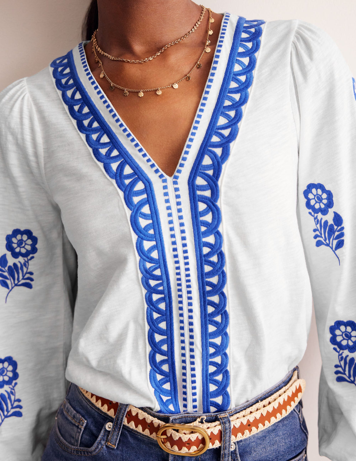 Embroidered V-Neck Top-White, Kingfisher Blue - Image 2