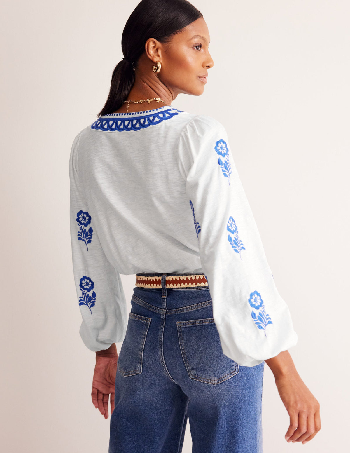 Embroidered V-Neck Top-White, Kingfisher Blue-3
