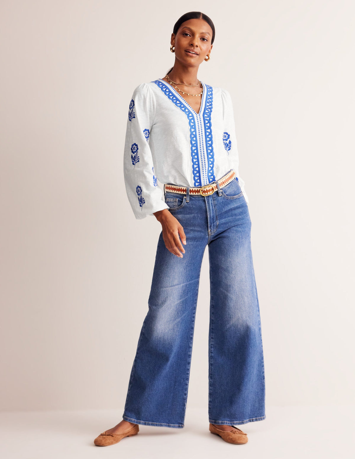 Embroidered V-Neck Top-White, Kingfisher Blue - Image 4