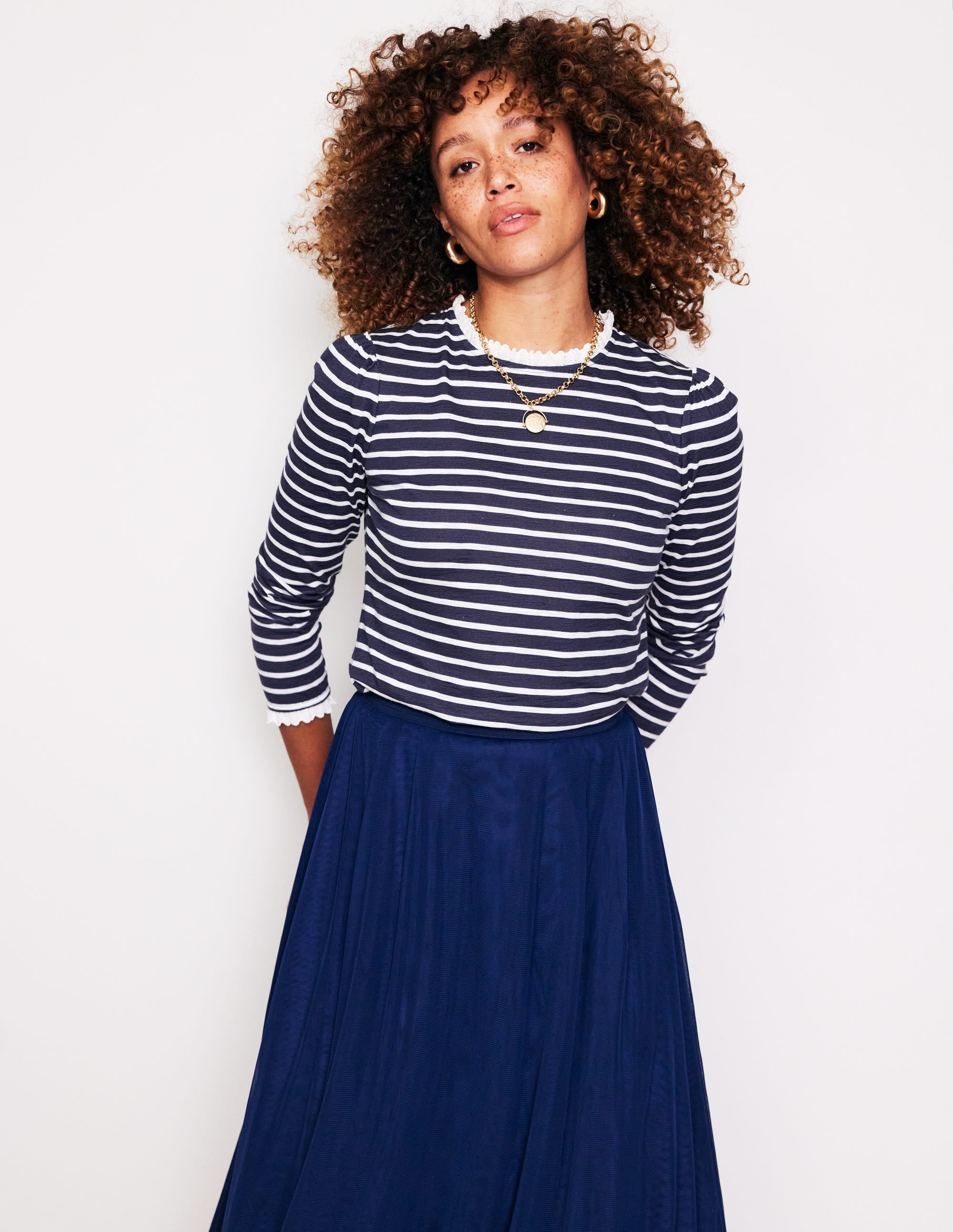 Broderie Trim Stripe Top-Navy, Ivory Stripe - Image 1