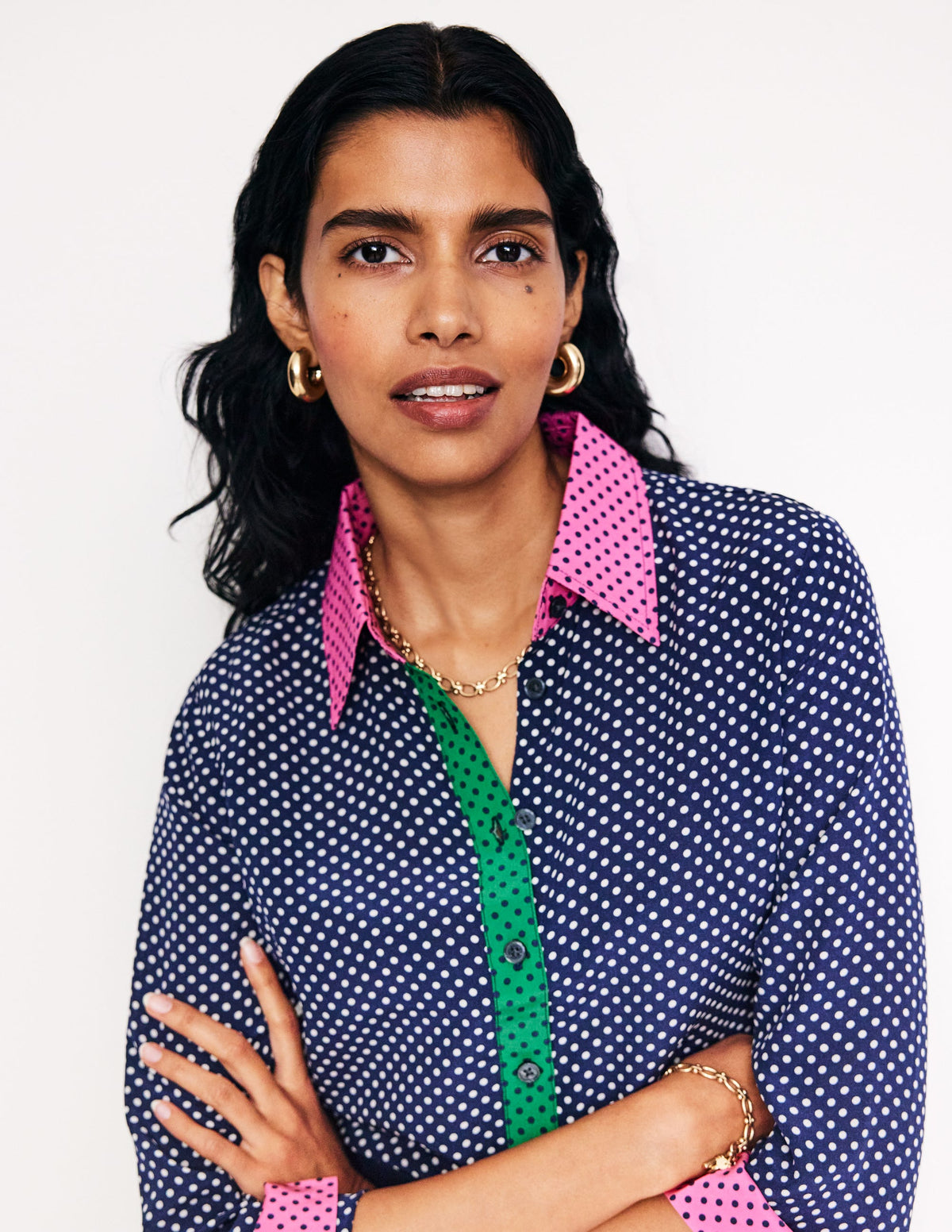 Sienna Silk Shirt-French Navy, Spots - Image 1