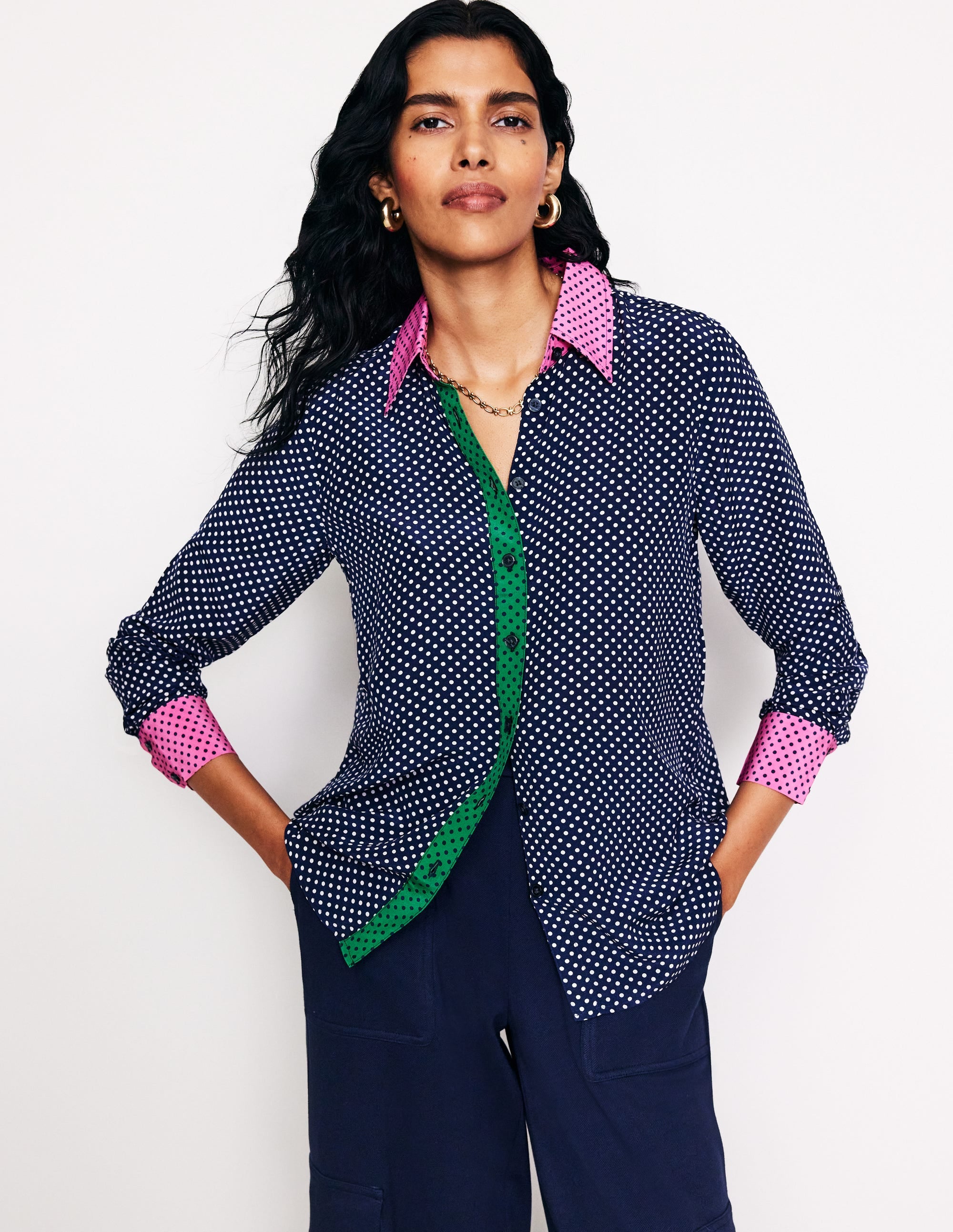Sienna Silk Shirt-French Navy, Spots - Image 2