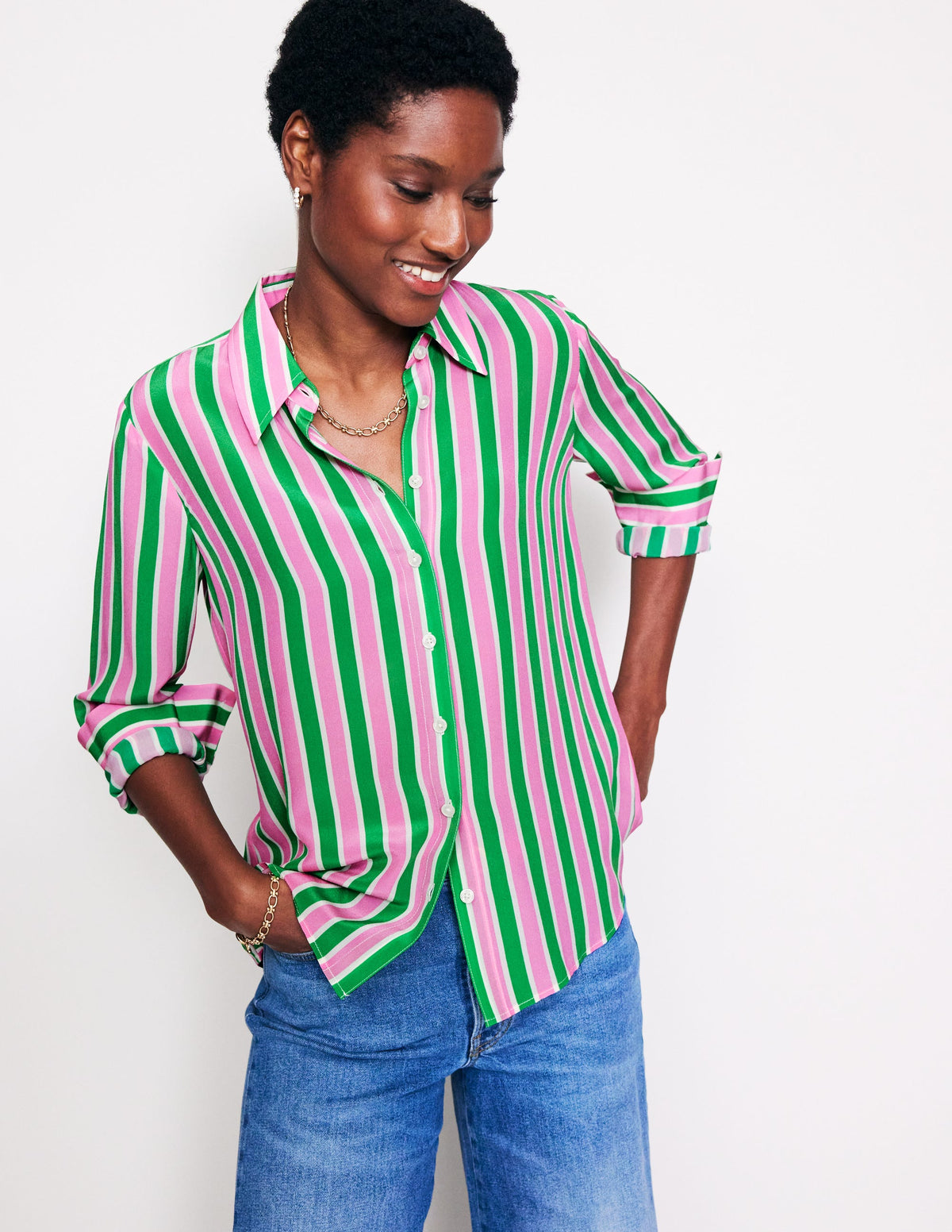 Sienna Silk Shirt-Mauve and Green Stripe - Image 4