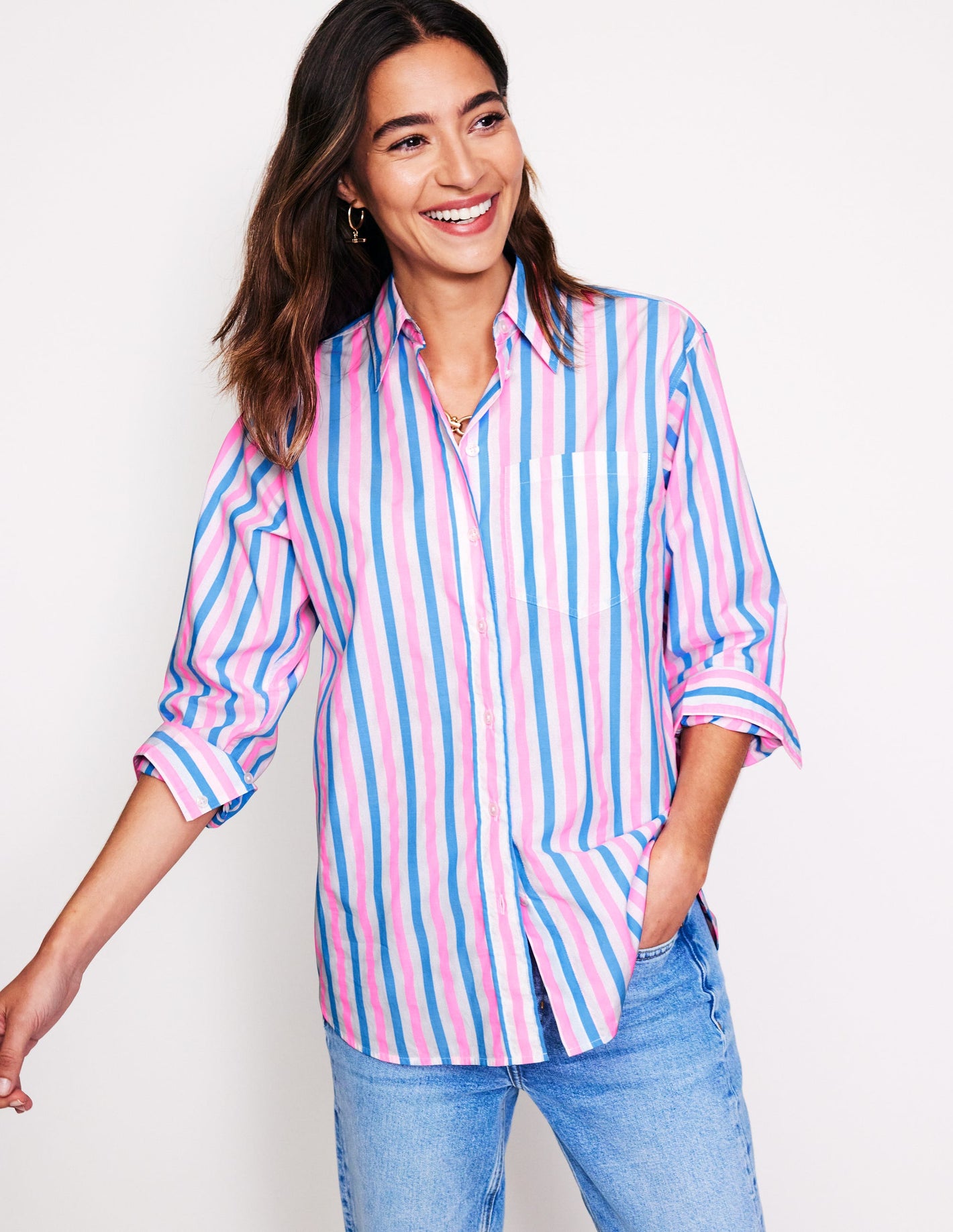 Connie Relaxed Cotton Shirt-Blue and Neon Pink Shirting