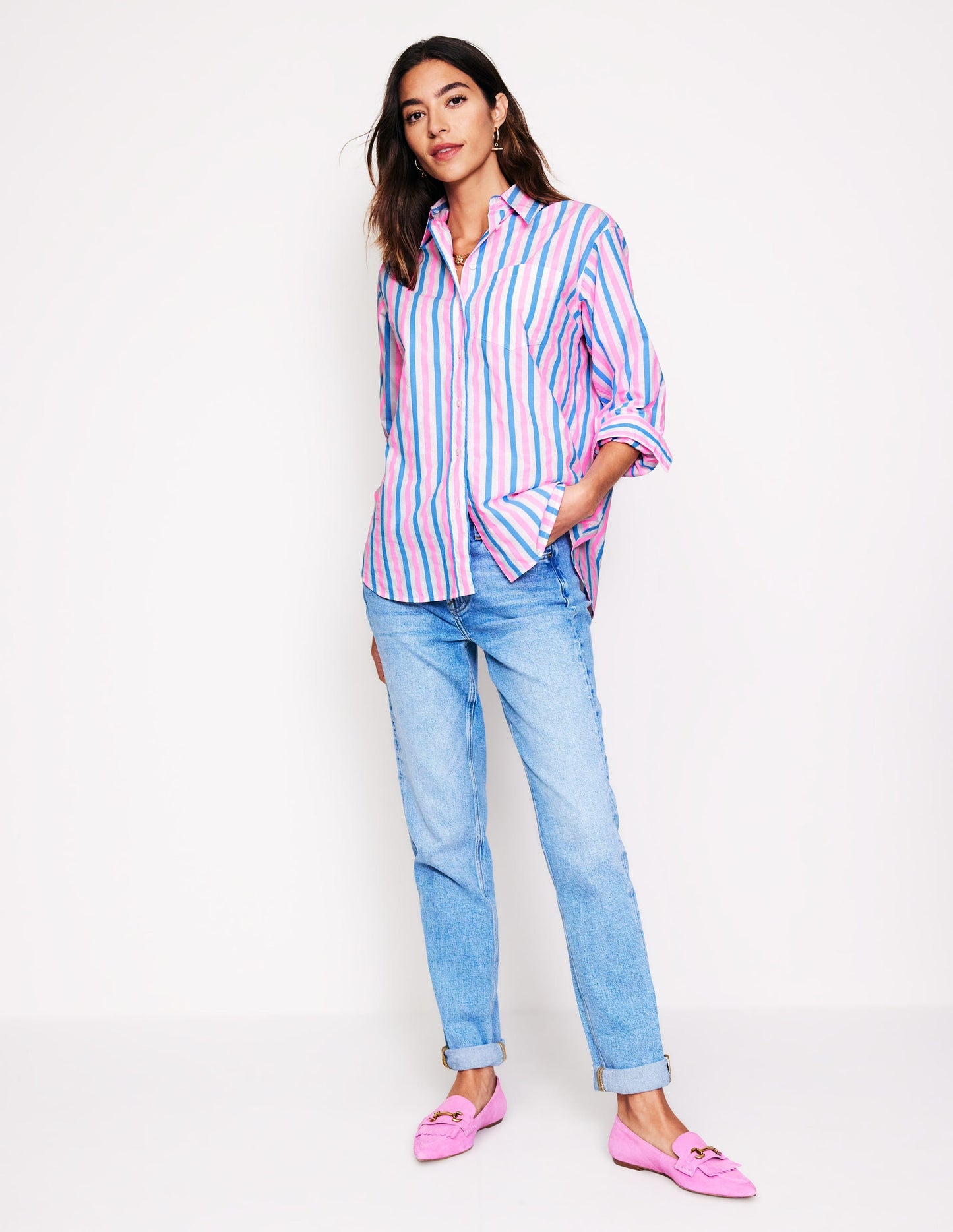 Connie Relaxed Cotton Shirt-Blue and Neon Pink Shirting