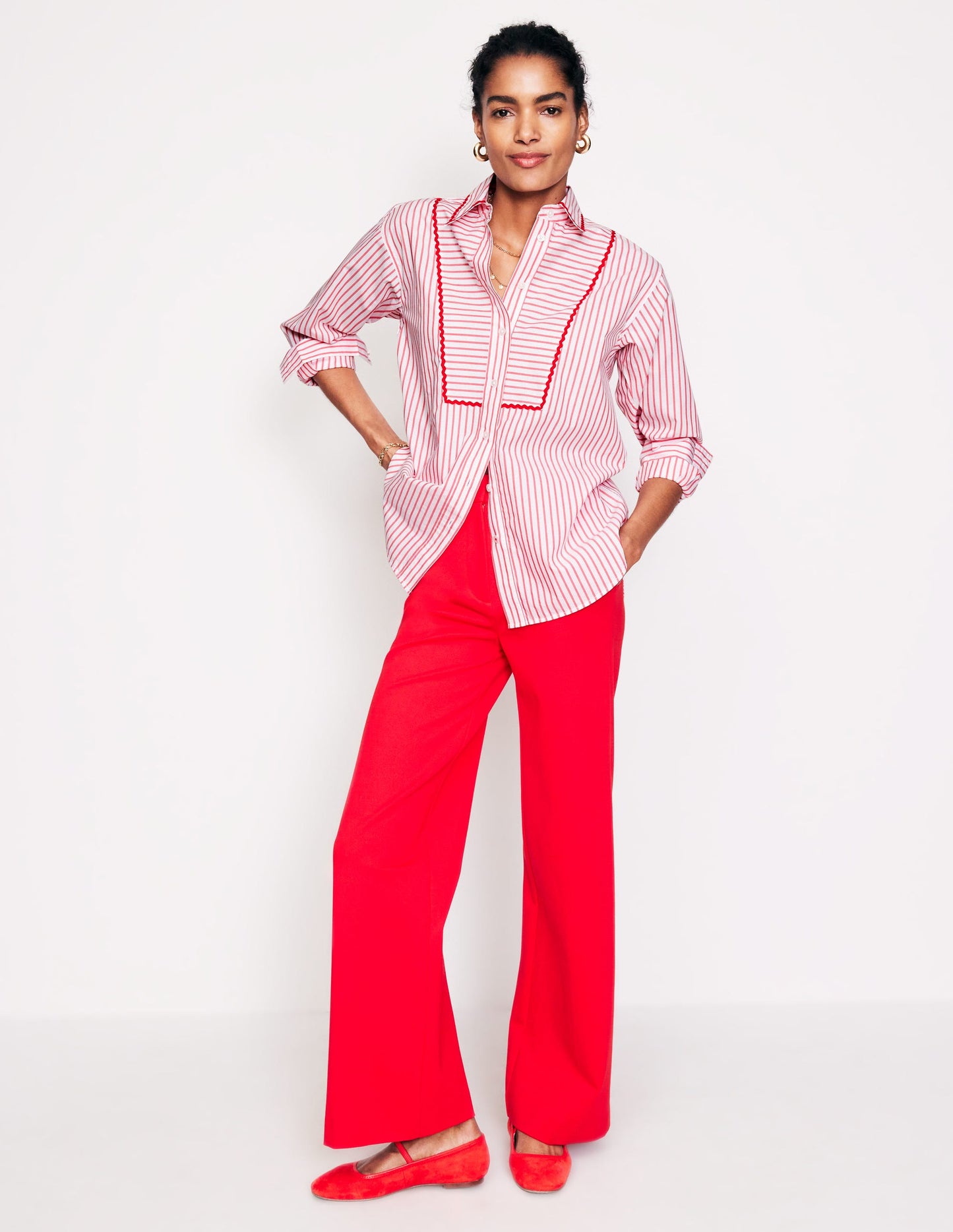 Connie Relaxed Cotton Shirt-Red, Ivory Stripe