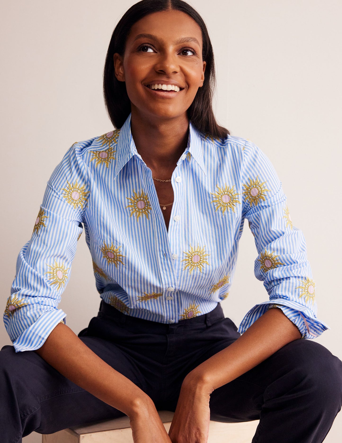 Sienna Embroidered Shirt-Sun, Blue Stripe