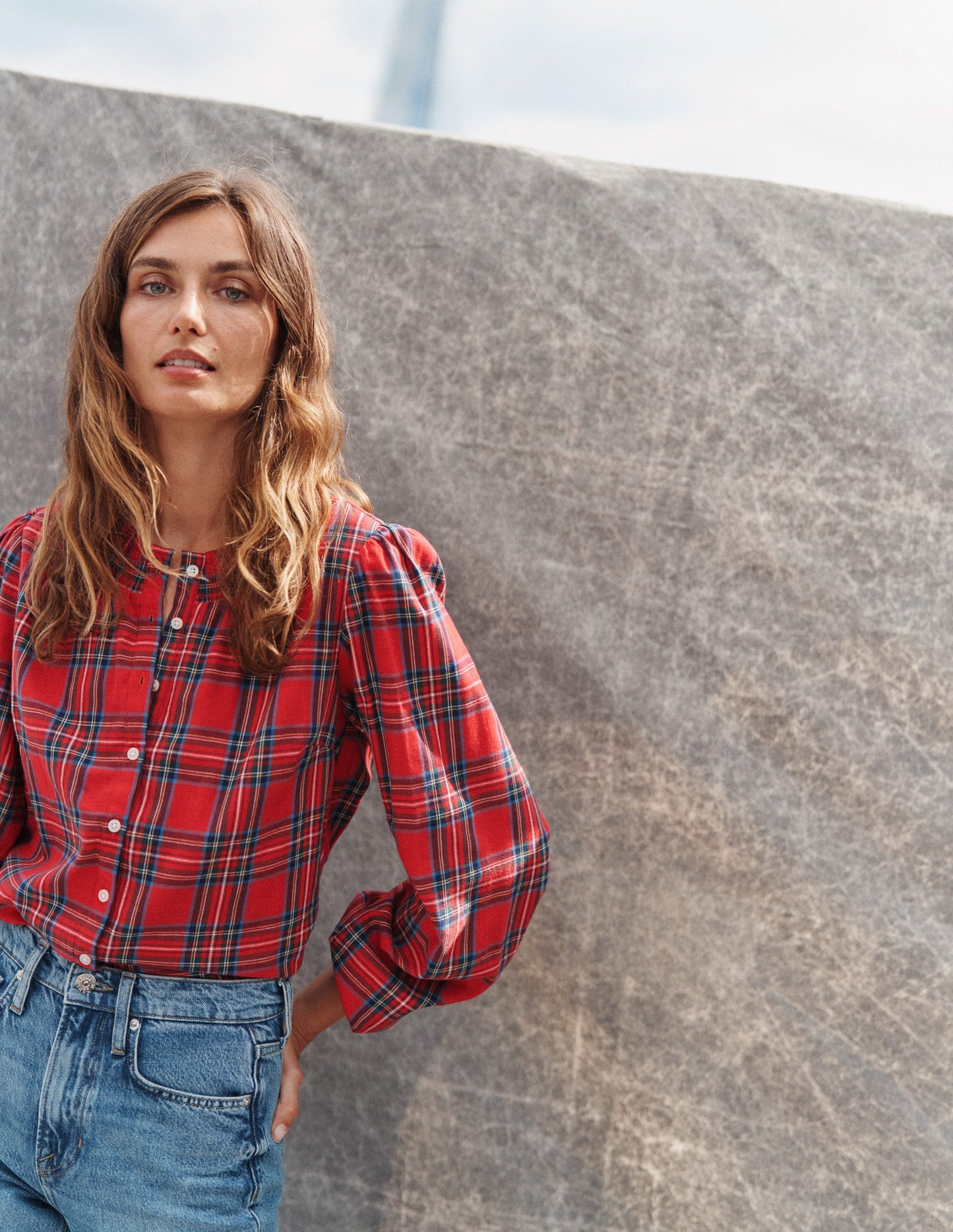 Mae Cotton Smocked Blouse-Red and Blue Check