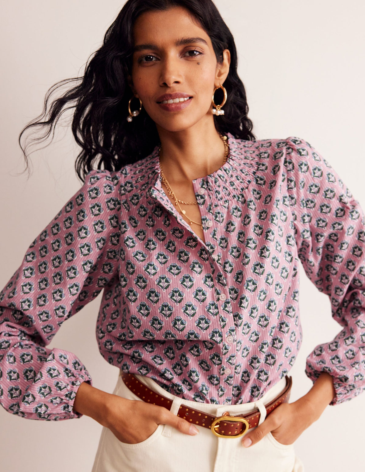 Mae Cotton Smocked Blouse-Vintage Pink, Pome Stamp - Image 1