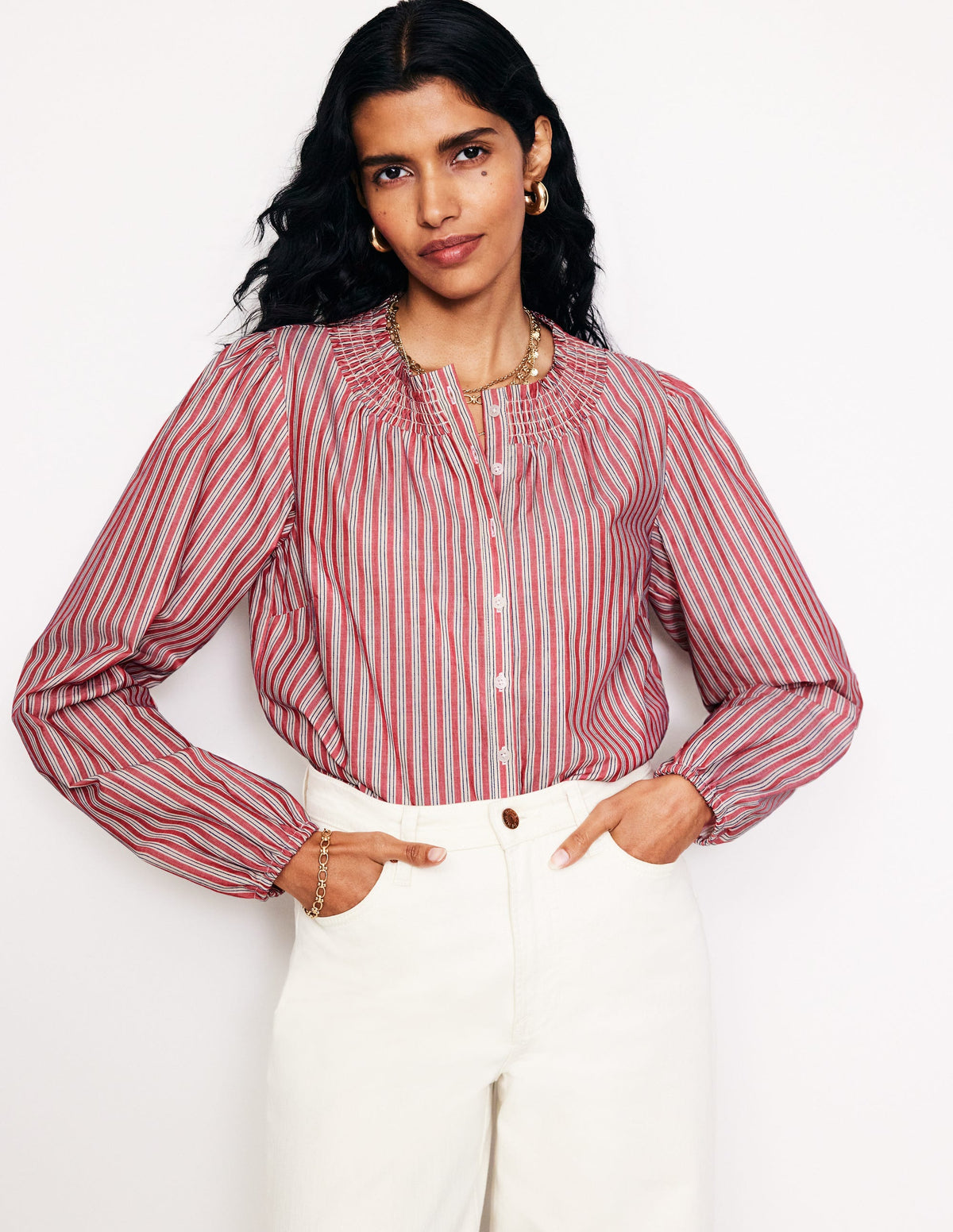 Mae Cotton Smocked Blouse-Red Stripe - Image 1