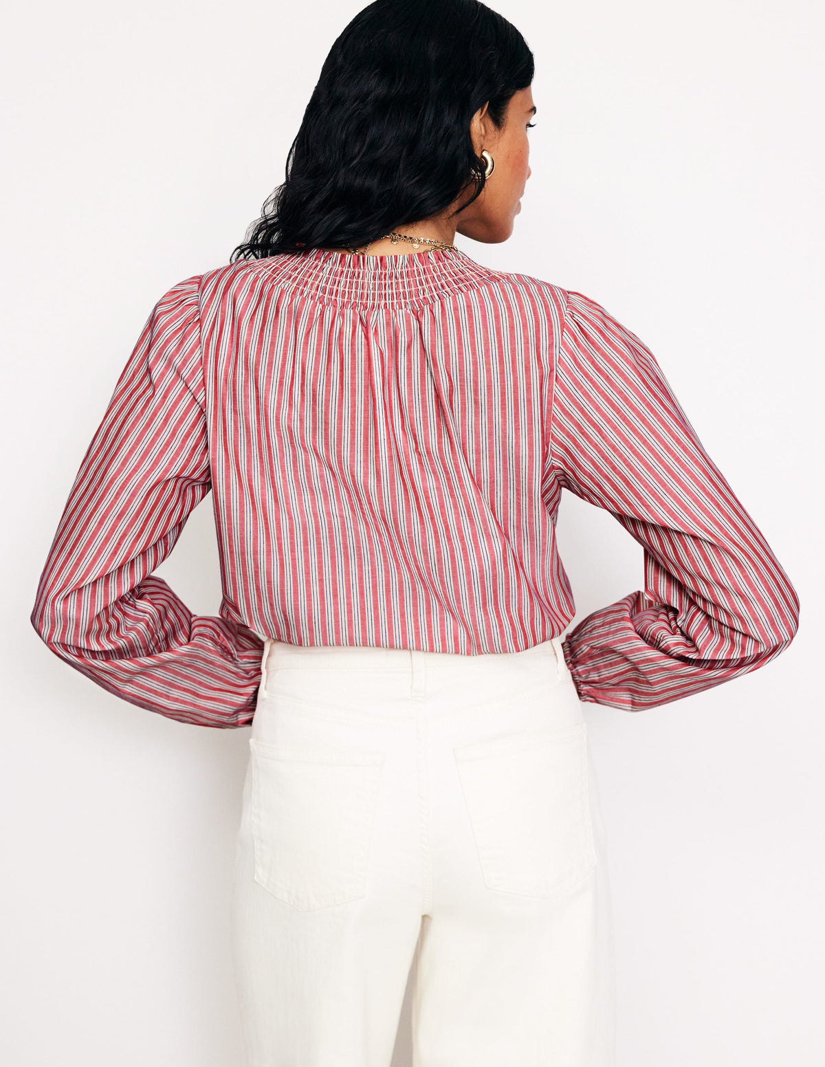 Mae Cotton Smocked Blouse-Red Stripe-3