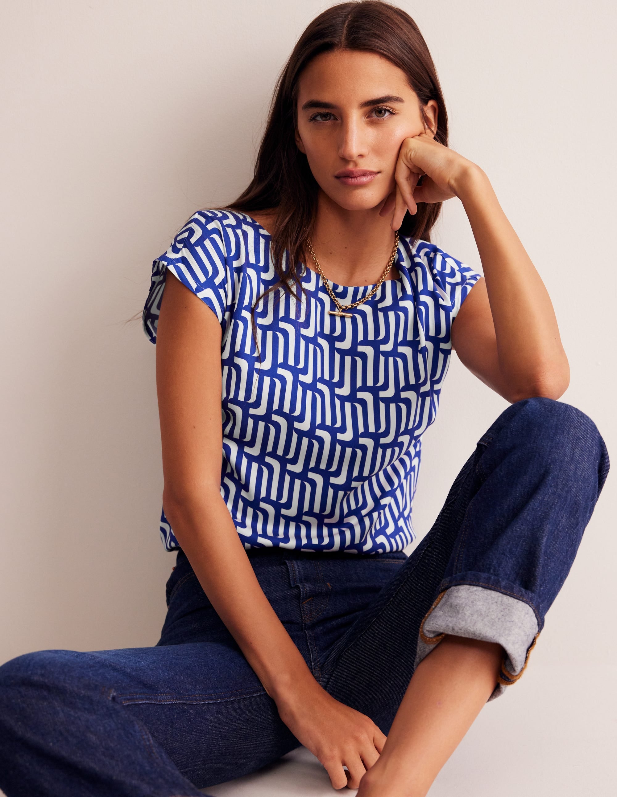 Modern Shell Top-Sapphire Blue, Falling Geo - Image 1