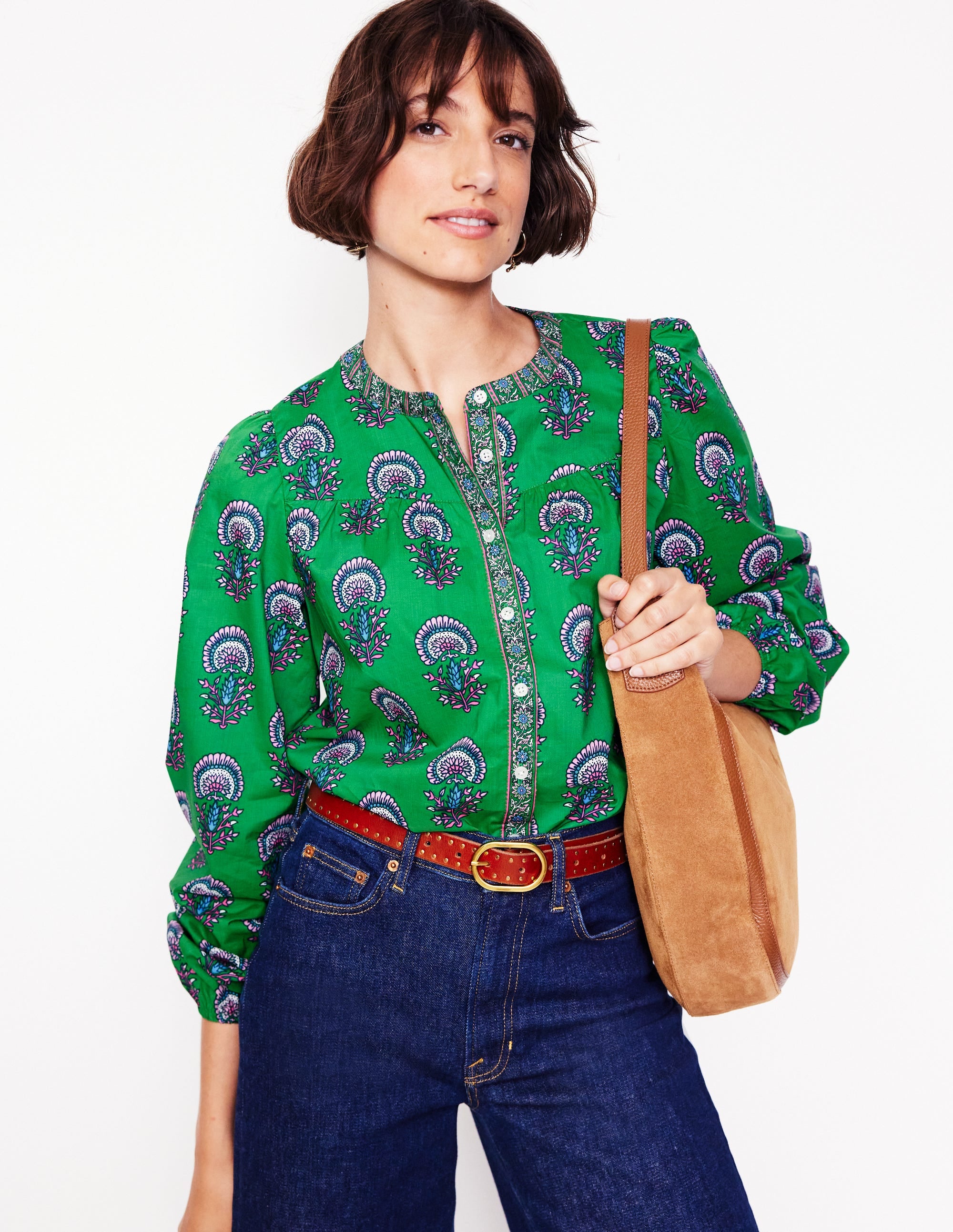 Savannah Cotton Blouse-Rich Emerald, Passion Bud - Image 1
