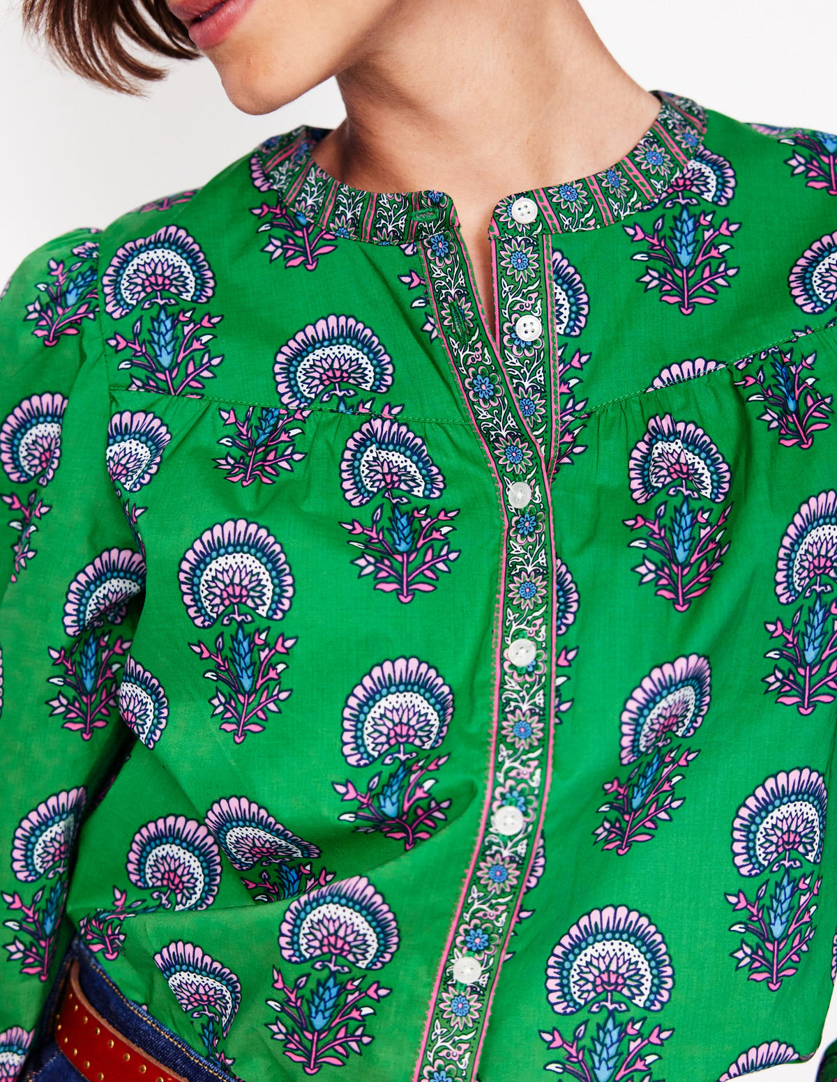 Savannah Cotton Blouse-Rich Emerald, Passion Bud-2