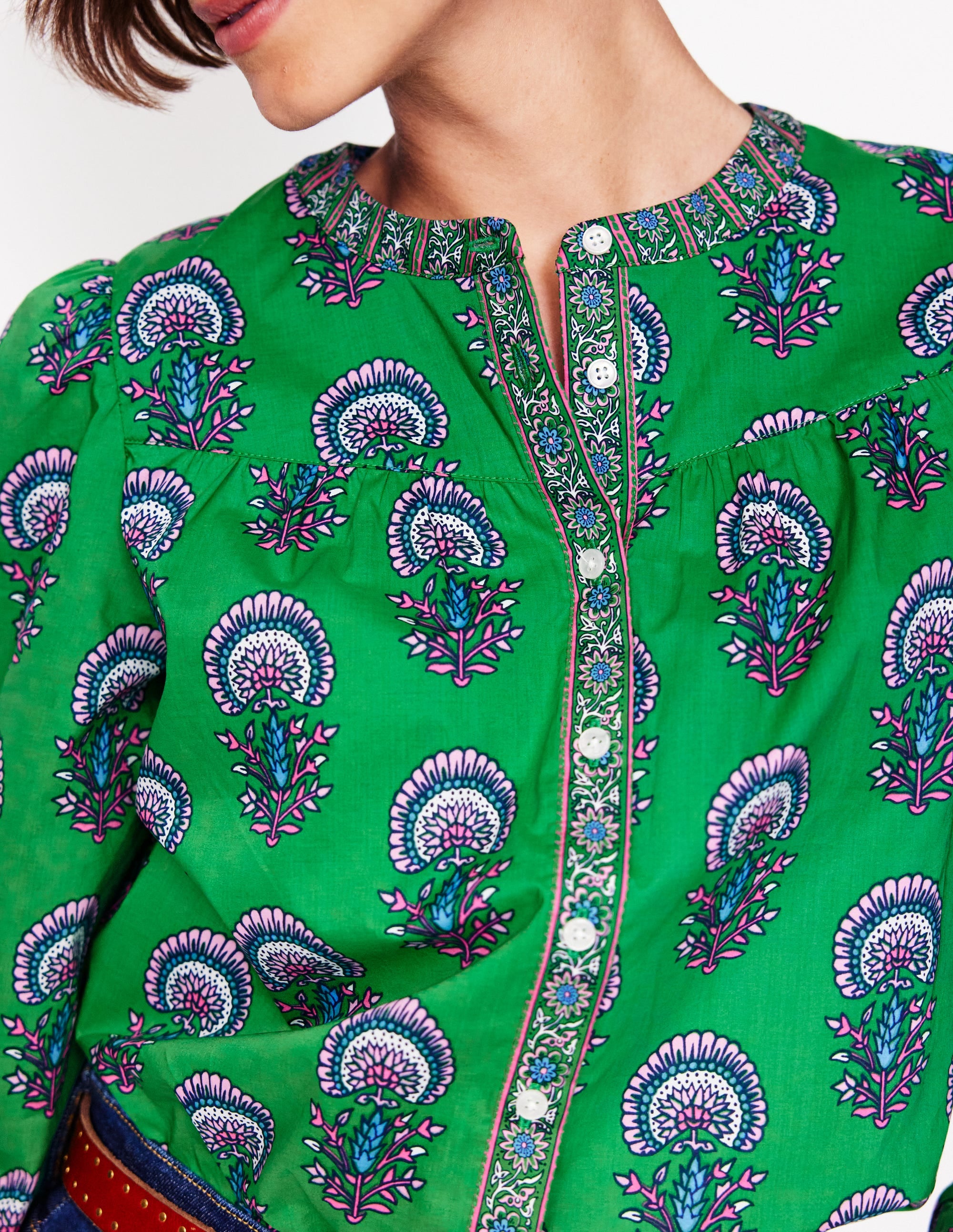 Savannah Cotton Blouse-Rich Emerald, Passion Bud - Image 2