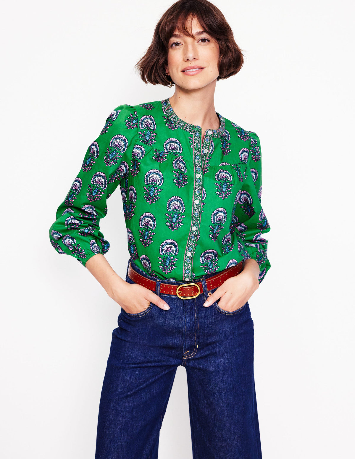 Savannah Cotton Blouse-Rich Emerald, Passion Bud - Image 4