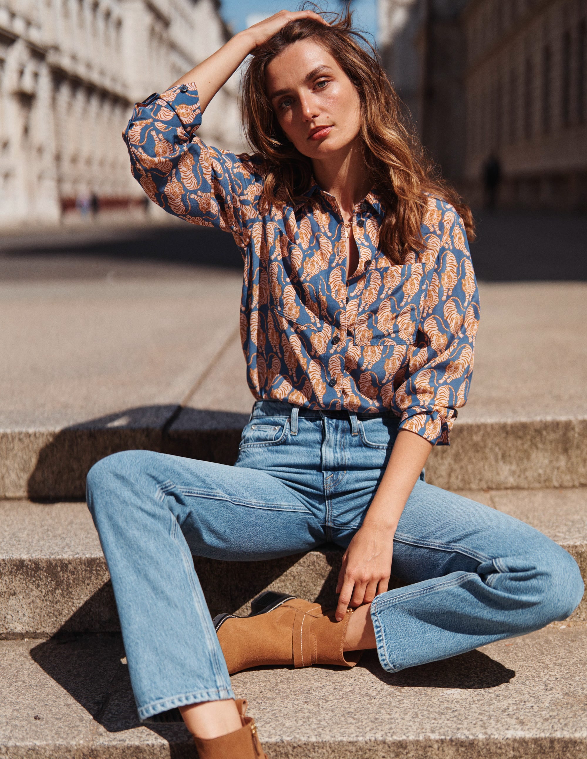 Connie Relaxed Silk Shirt-Denim Blue, Tiger - Image 5