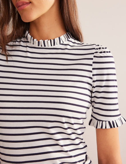 Supersoft Frill Detail T-shirt-Ivory, Navy Stripe