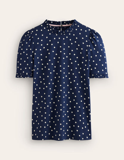 Supersoft Frill Detail T-shirt-Navy, Sparse Spot