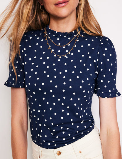 Supersoft Frill Detail T-shirt-Navy, Sparse Spot