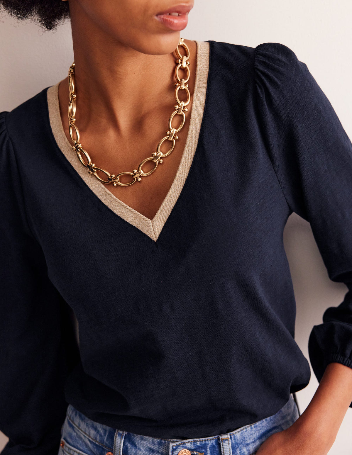Metallic Trim Long Sleeve Top-Navy - Image 2