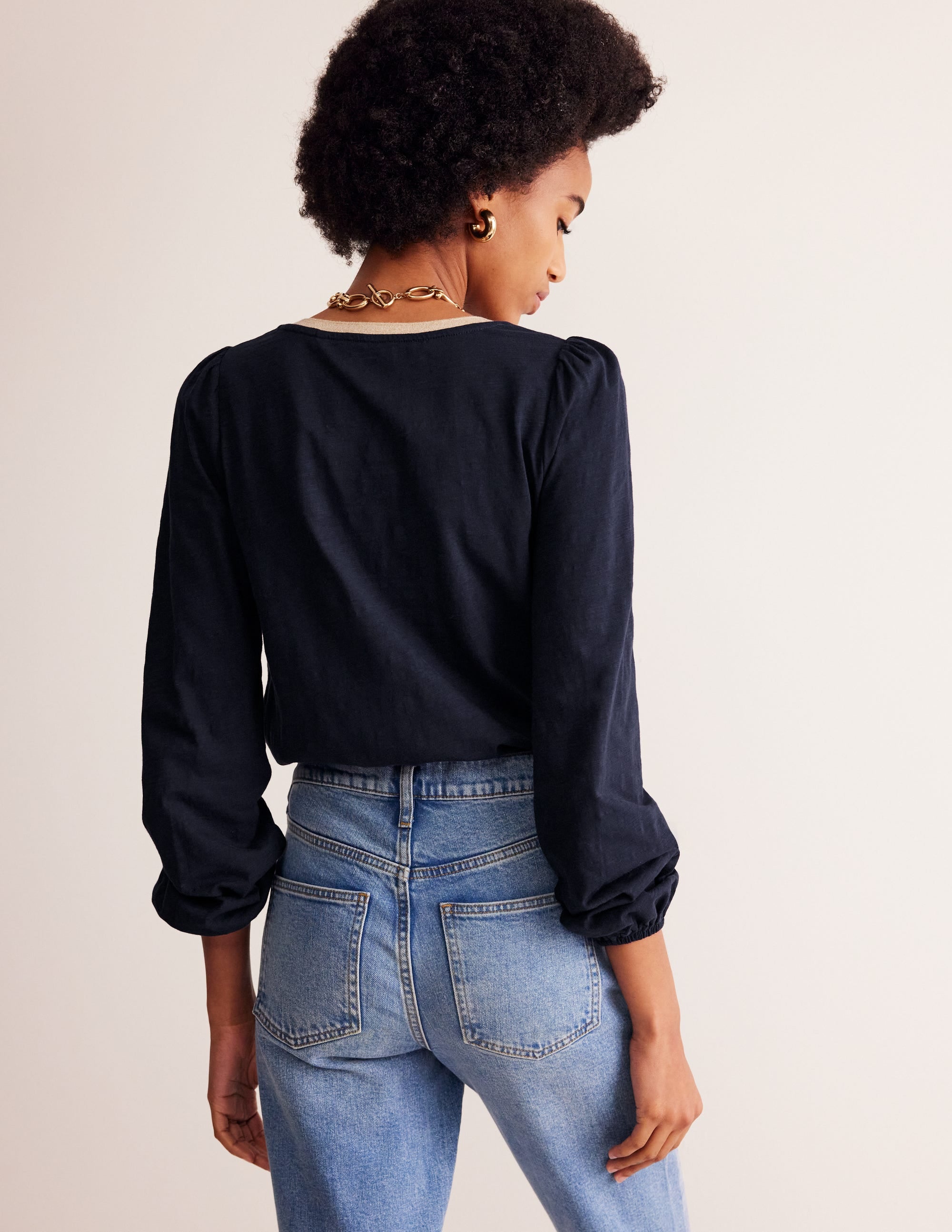 Metallic Trim Long Sleeve Top-Navy - Image 3