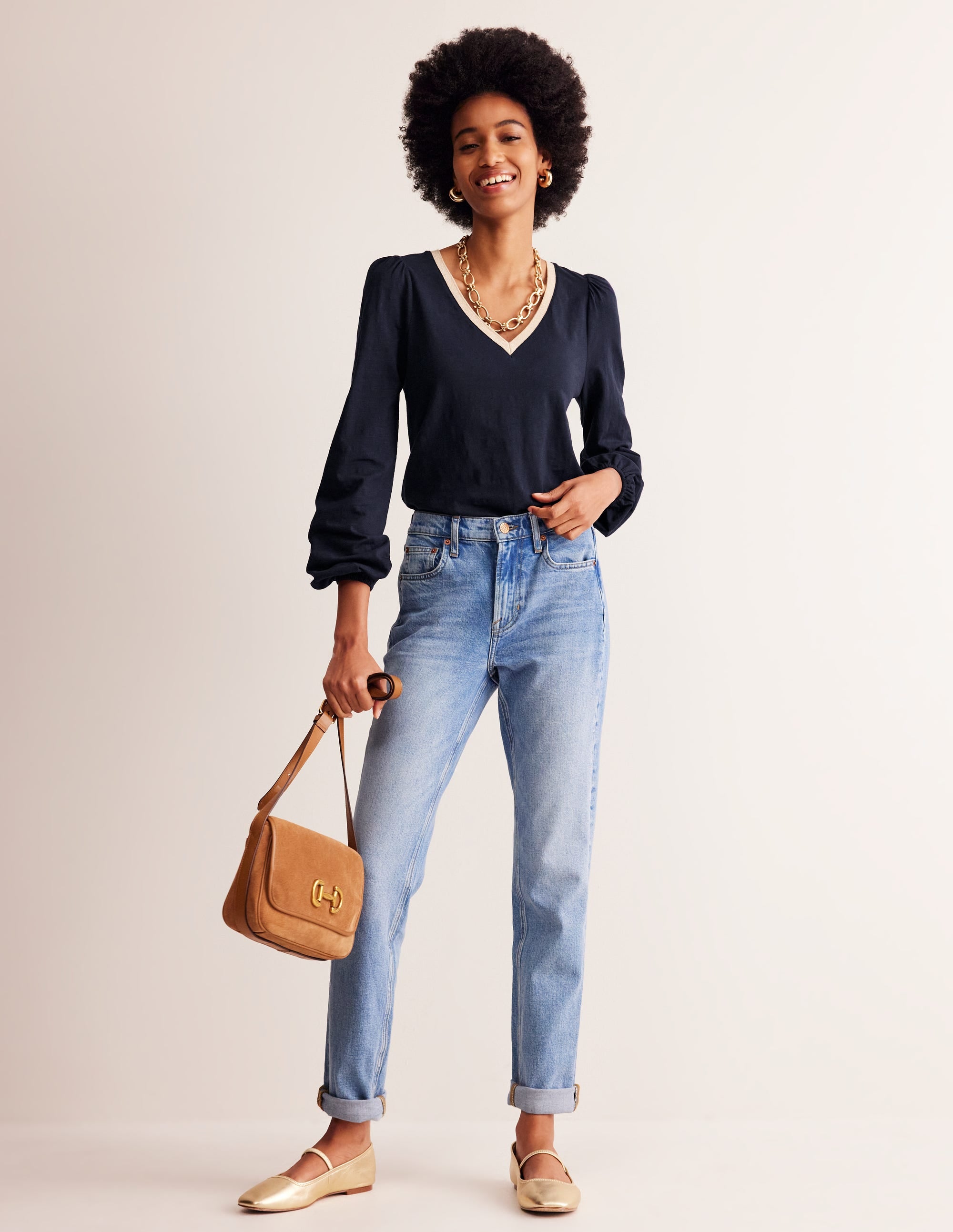 Metallic Trim Long Sleeve Top-Navy - Image 4