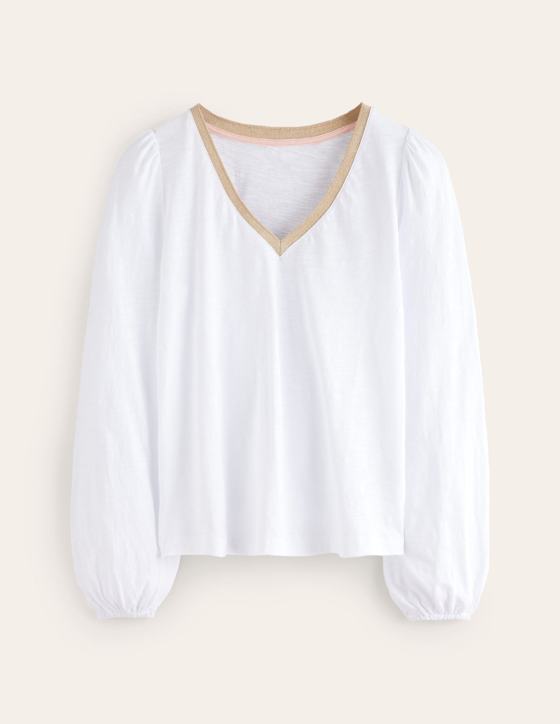 Metallic Trim Long Sleeve Top-White-5