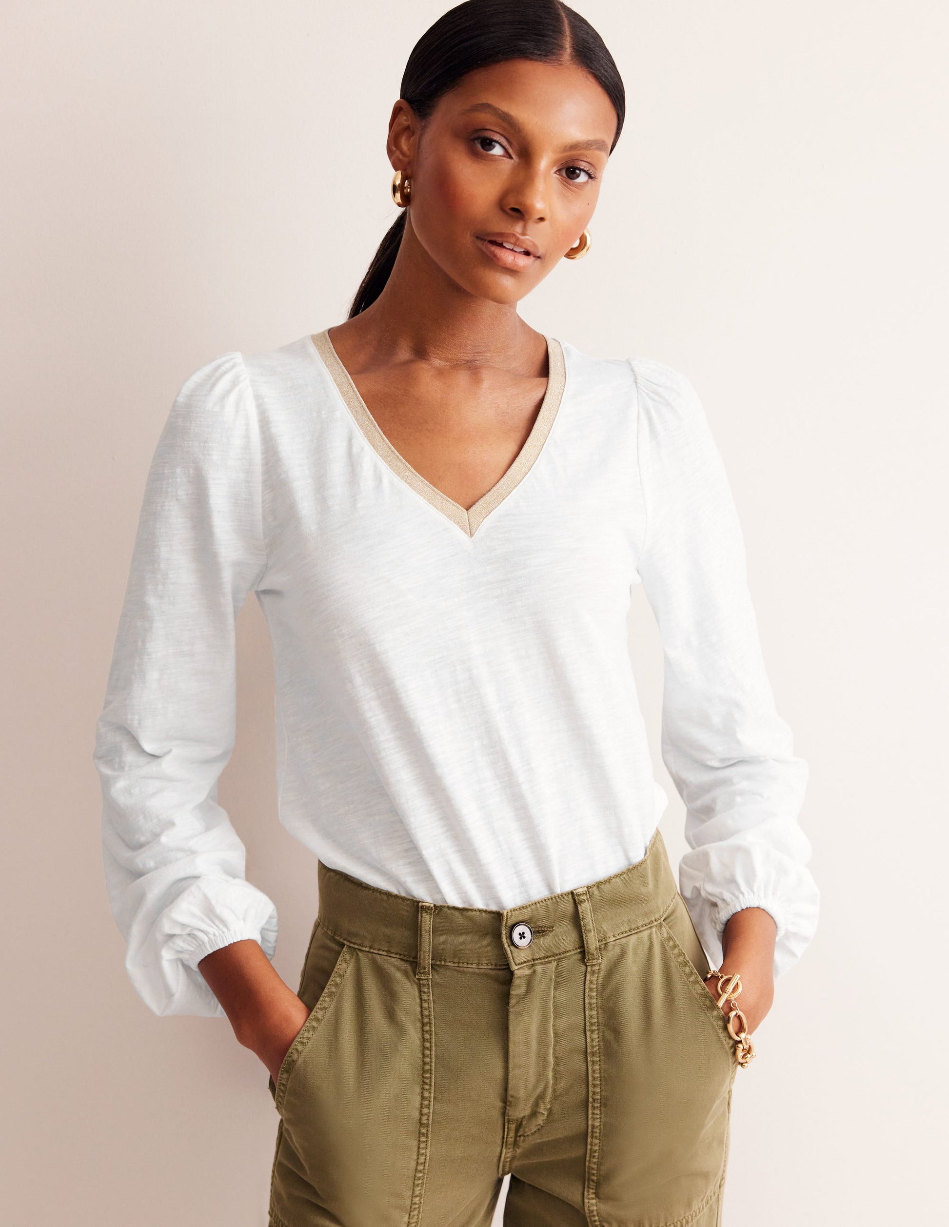 Metallic Trim Long Sleeve Top-White-1