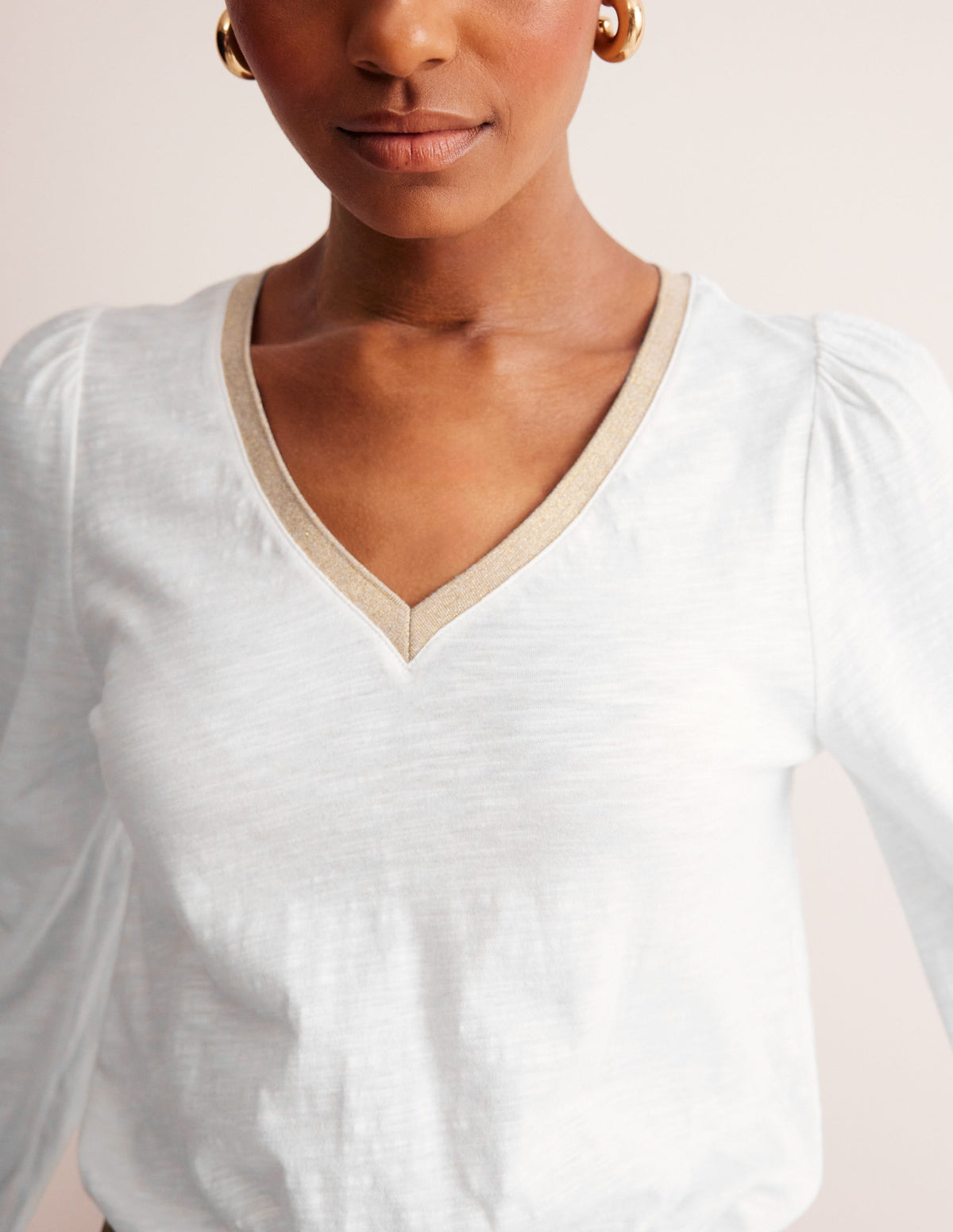 Metallic Trim Long Sleeve Top-White-2