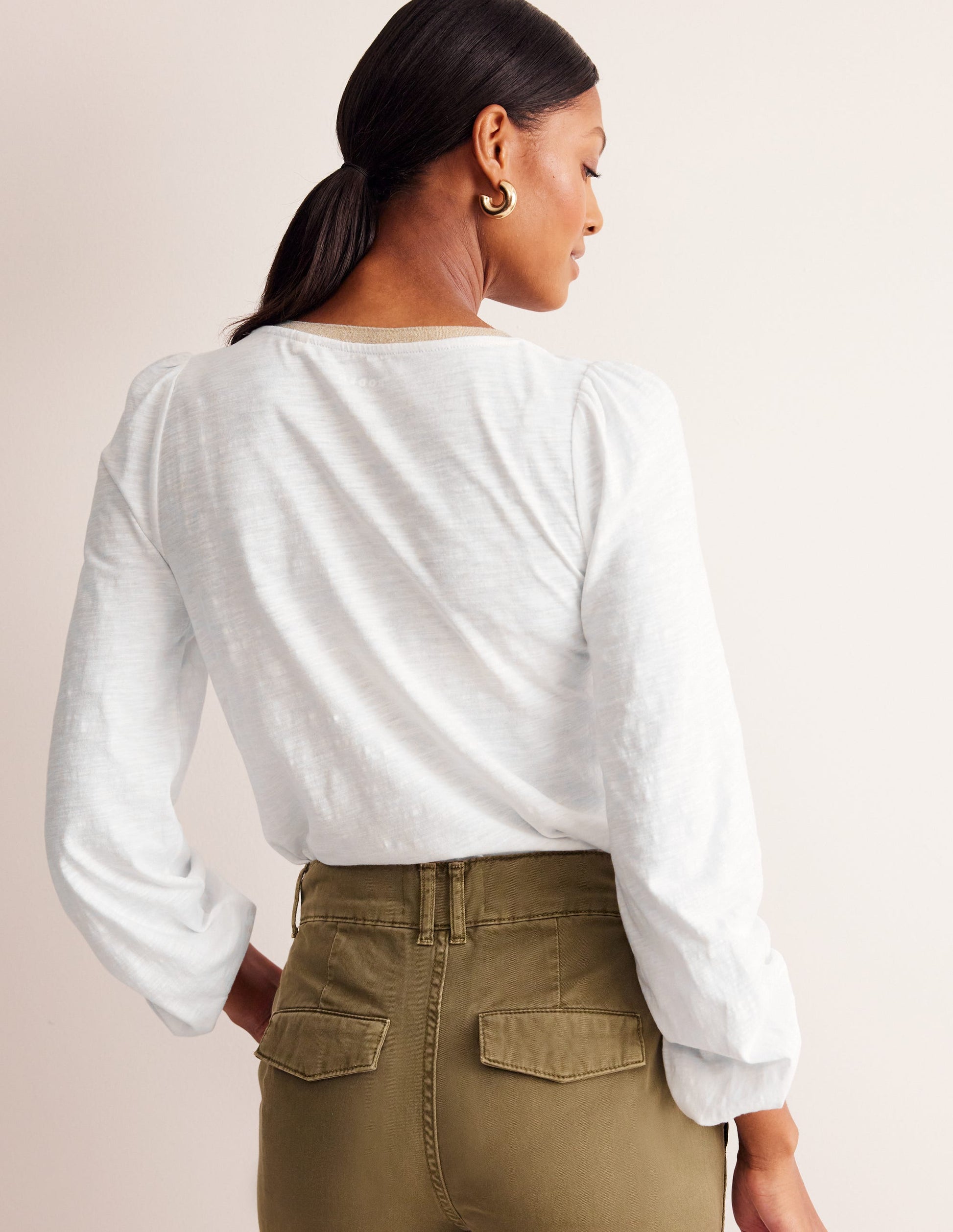 Metallic Trim Long Sleeve Top-White-3