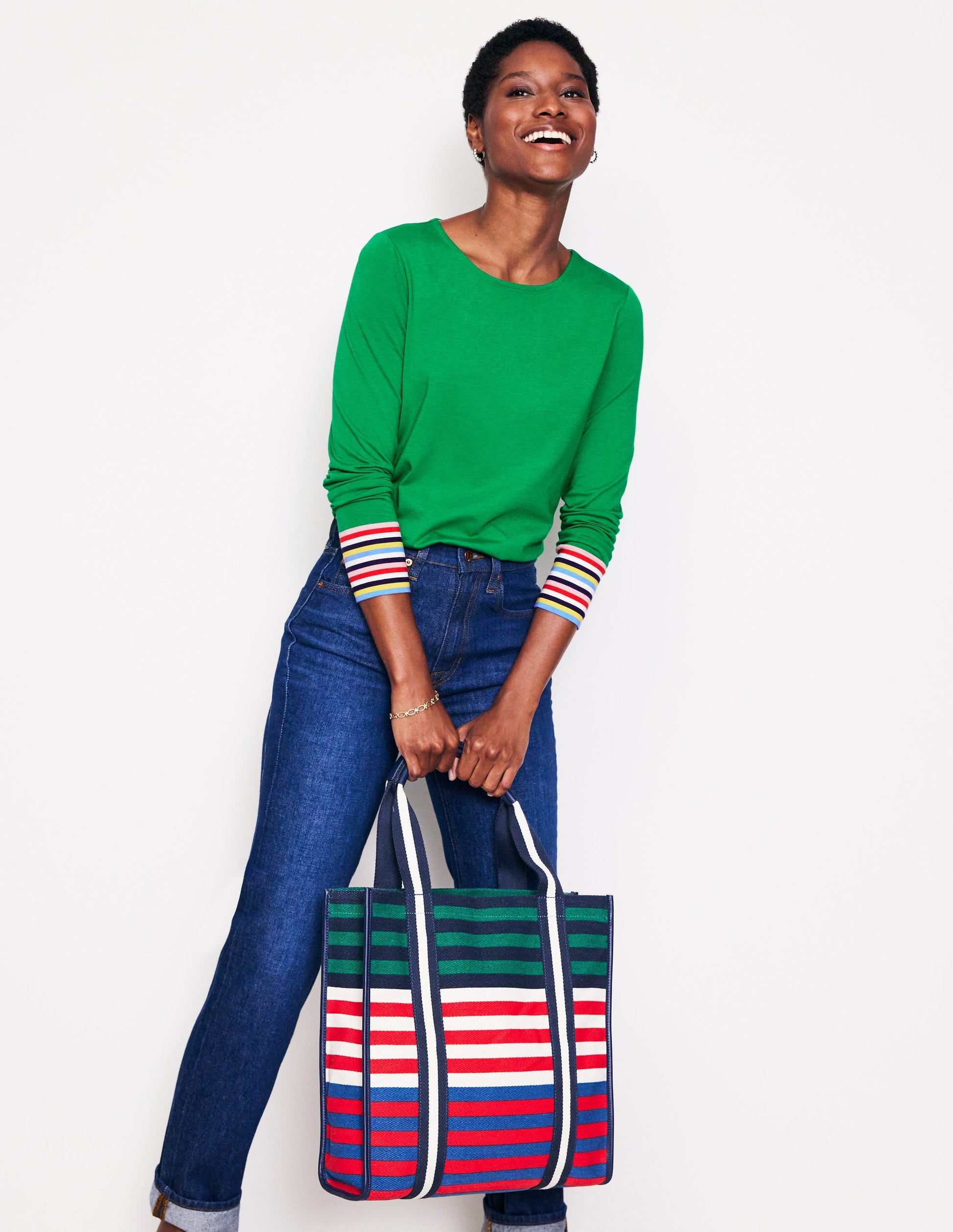 Supersoft Crew Neck Top-Green Multi Cuff Stripe-1