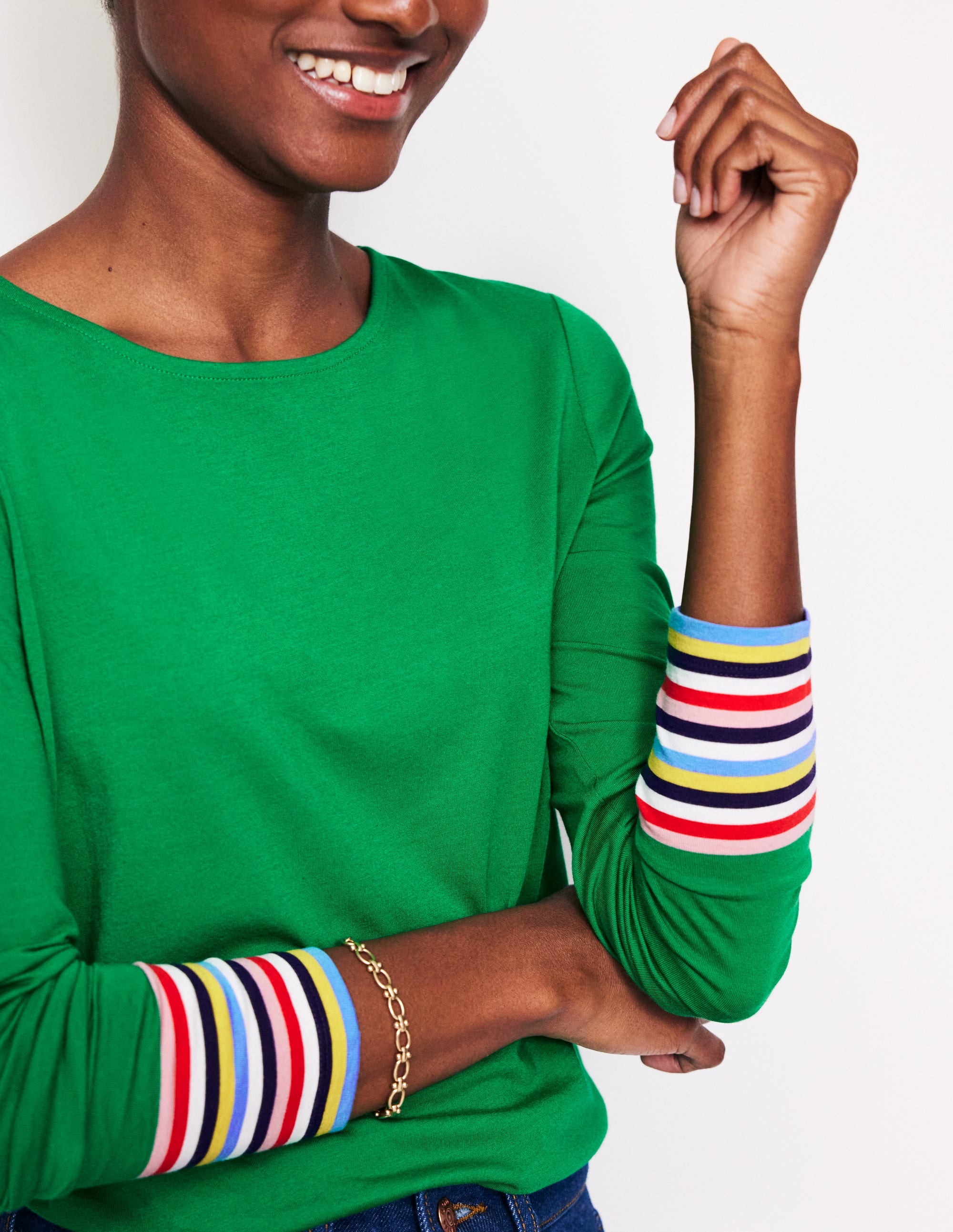 Supersoft Crew Neck Top-Green Multi Cuff Stripe - Image 2