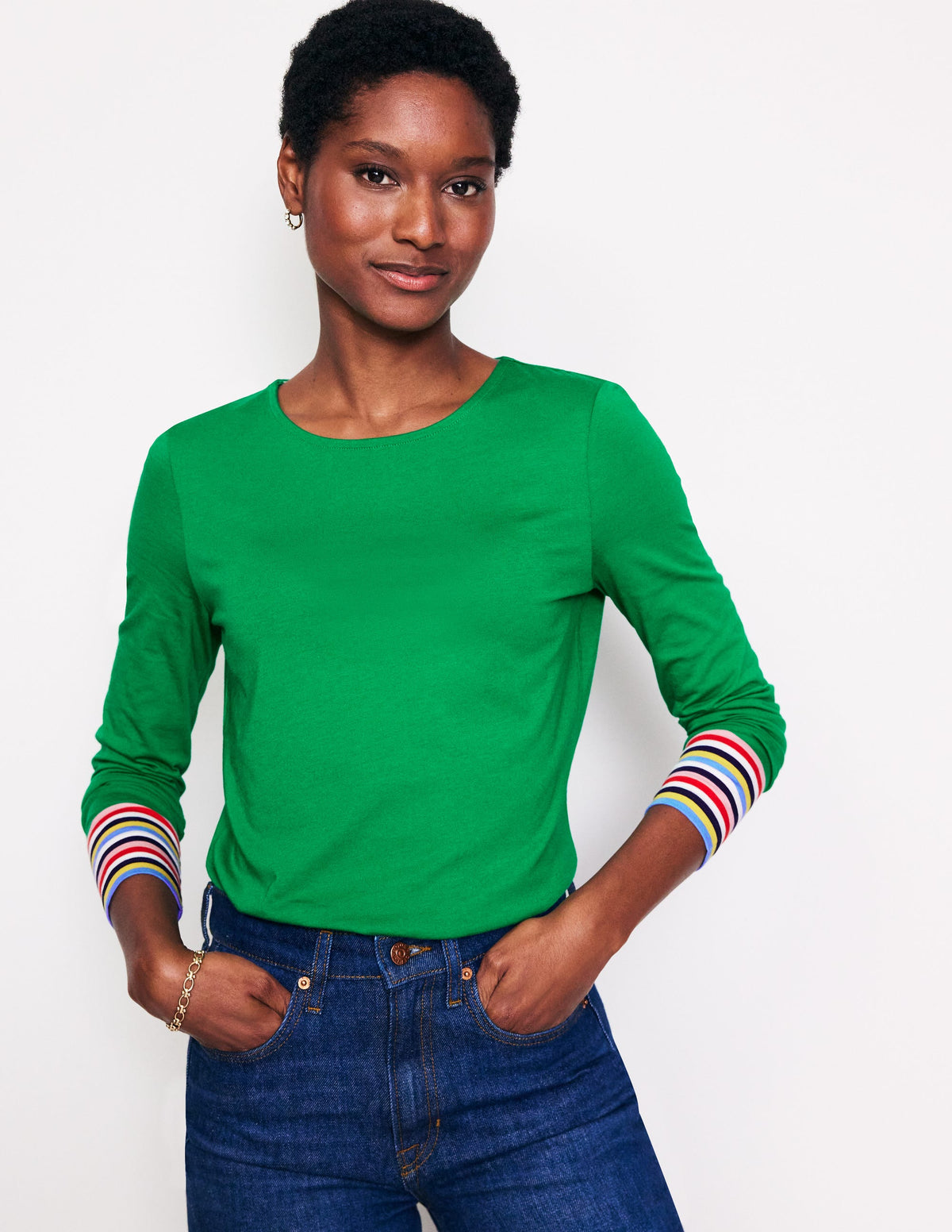 Supersoft Crew Neck Top-Green Multi Cuff Stripe-4
