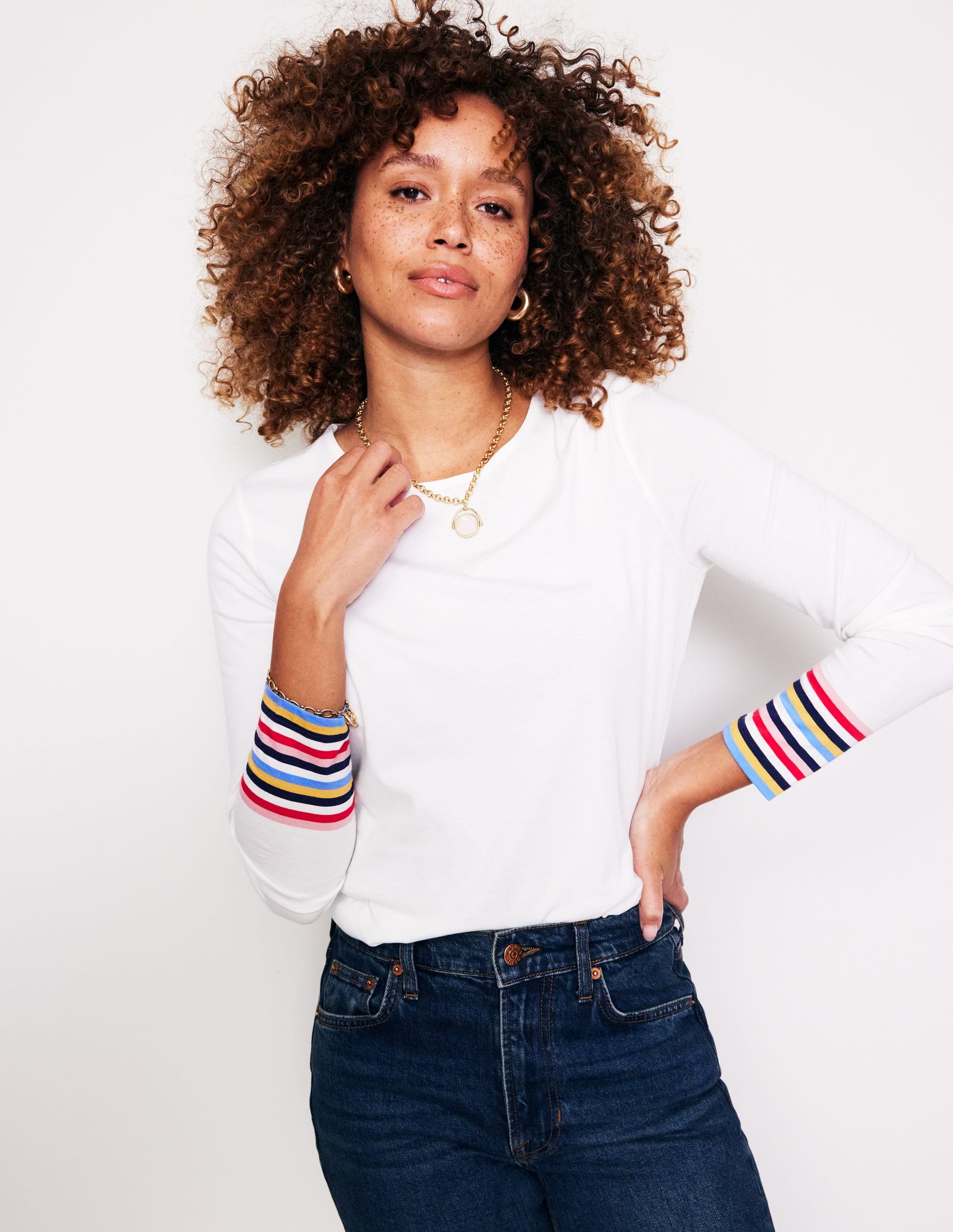 Supersoft Crew Neck Top-White Multi Stripe Cuff-1