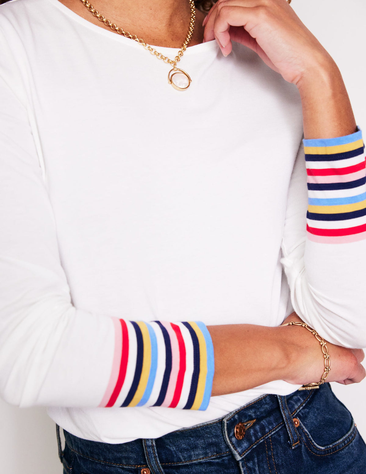 Supersoft Crew Neck Top-White Multi Stripe Cuff-2