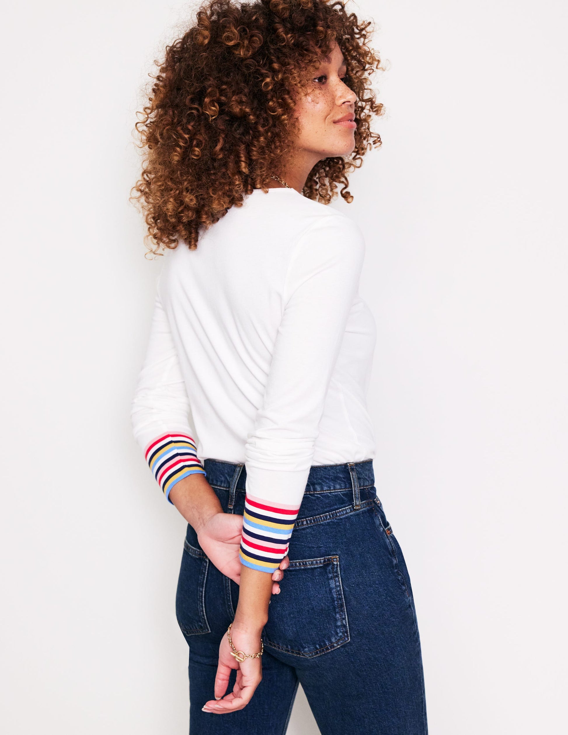Supersoft Crew Neck Top-White Multi Stripe Cuff-3