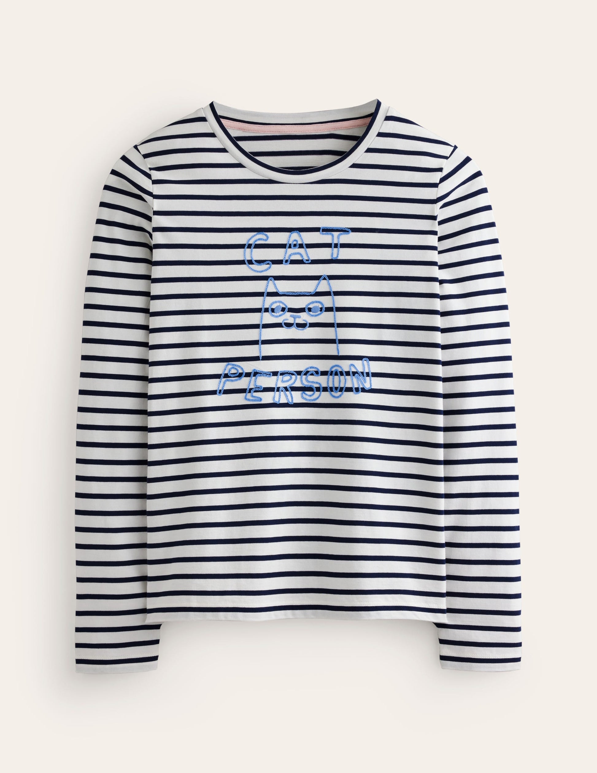 Embroidered Regular T-Shirt-Ivory, Navy, Cat Person-5